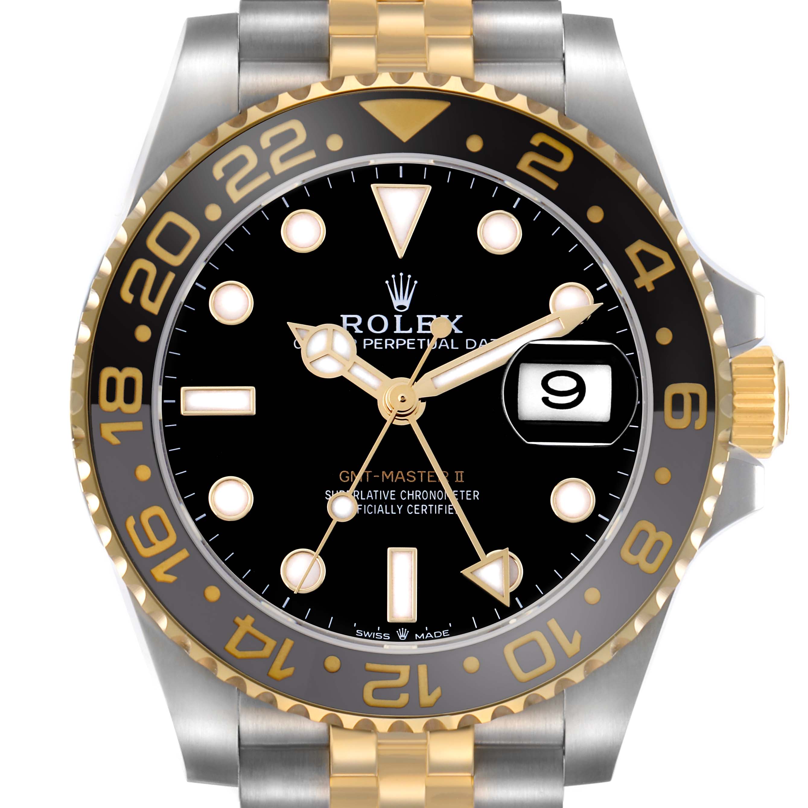 The Rolex GMT-Master 126713GRNR Men
s Steel and Gold (two tone) Black Dial 126713GRNR Men
s Steel and Gold (two tone) Black Dial watch is shown from the front, displaying the dial, bezel, crown, and part of the bracelet.