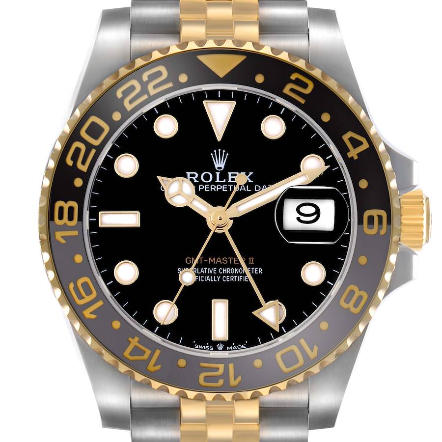 The Rolex GMT-Master watch is shown from the front, displaying the dial, bezel, crown, and part of the bracelet.