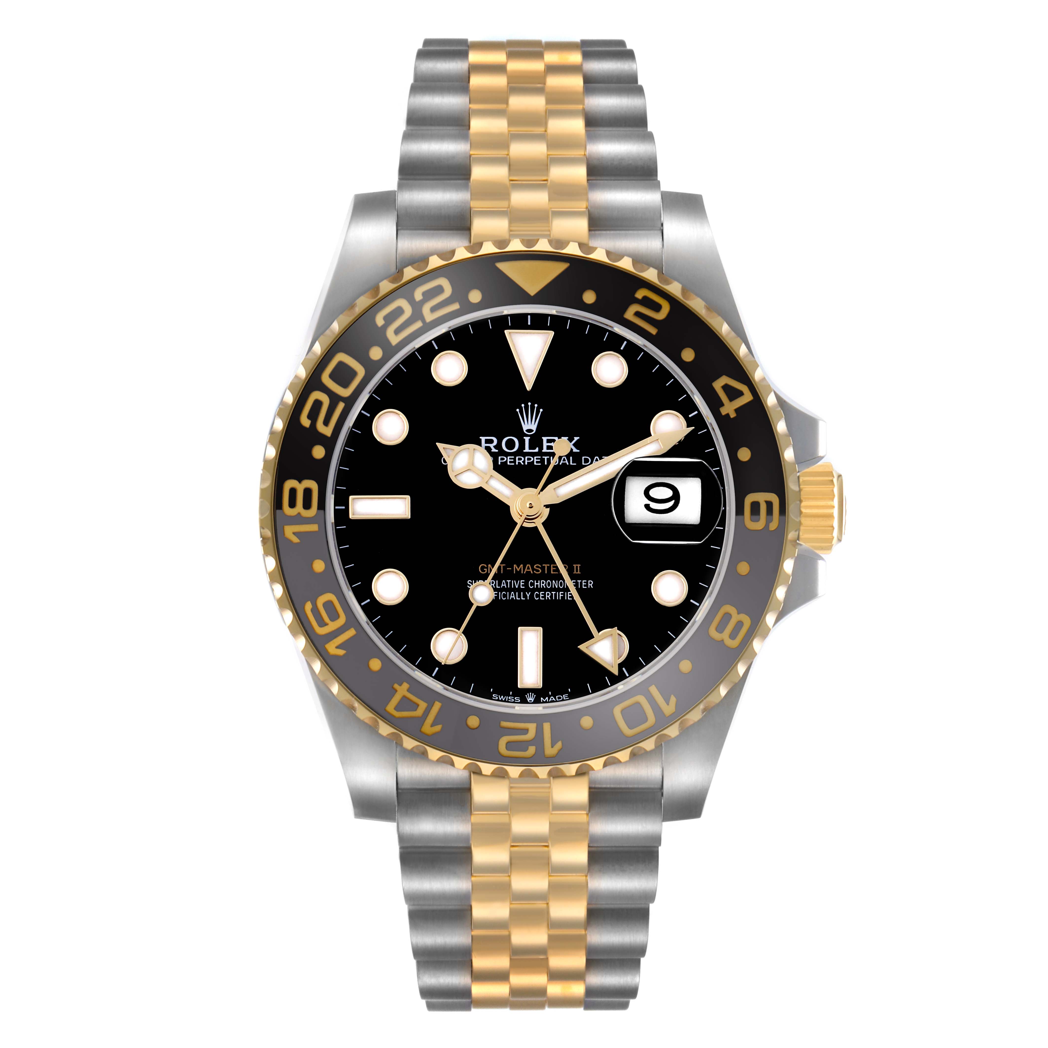 The Rolex GMT-Master 126713GRNR Men
s Steel and Gold (two tone) Black Dial 126713GRNR Men
s Steel and Gold (two tone) Black Dial watch is shown from a front angle, displaying the face, bezel, and bracelet.