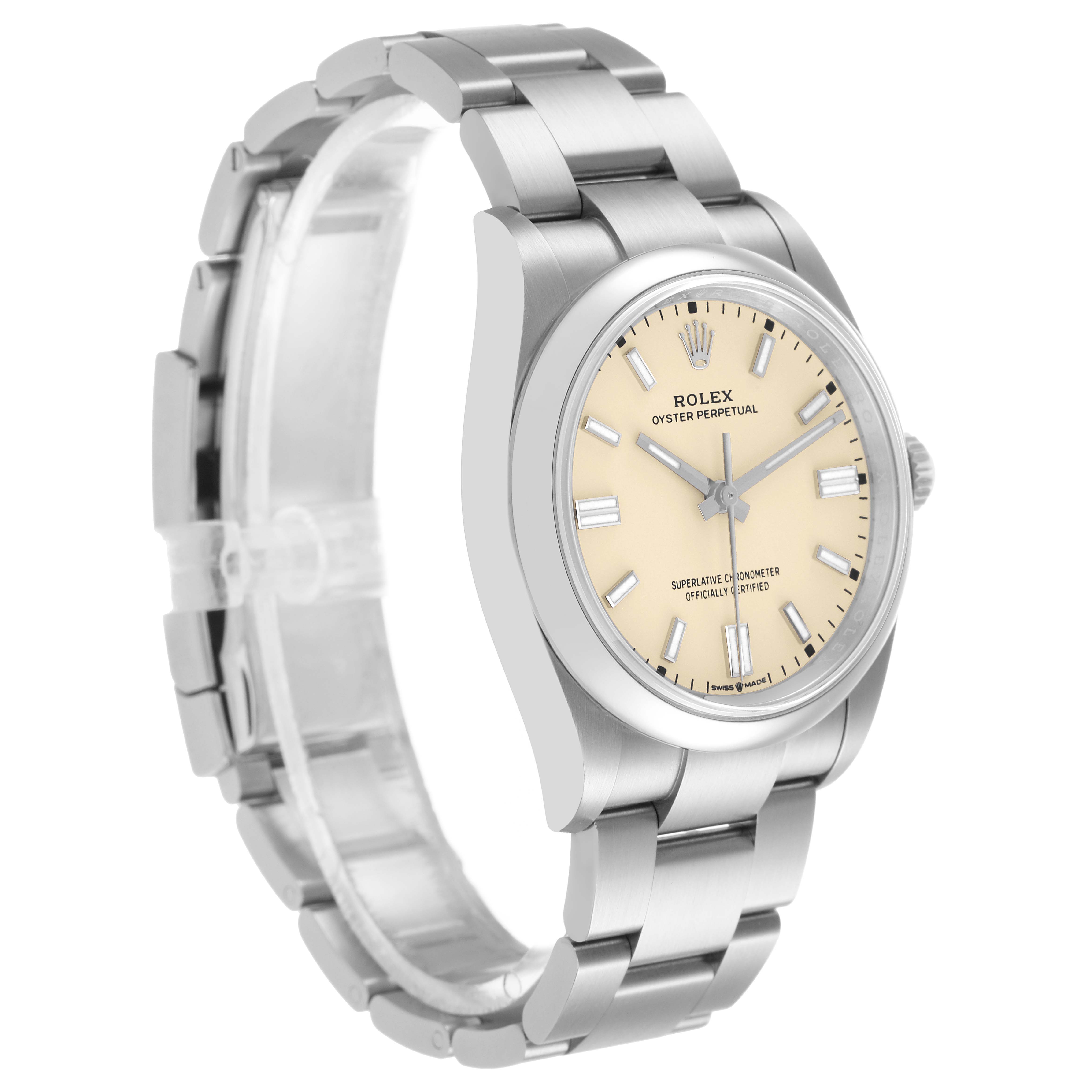 The Rolex Oyster Perpetual M126000-0001 Men's Stainless Steel Beige Dial watch is shown at a three-quarter angle, highlighting the face, bracelet, and crown.