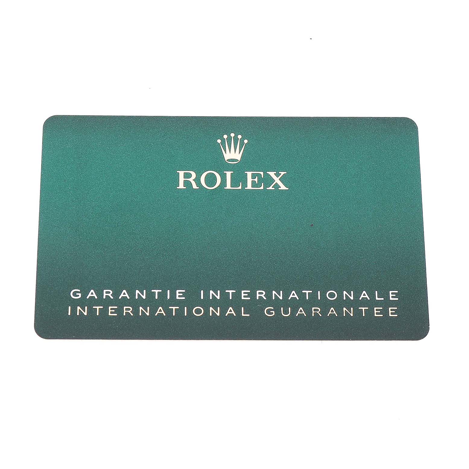 This image shows the International Guarantee card for a Rolex Oyster Perpetual M126000-0001 Men's Stainless Steel Beige Dial watch, displaying the brand logo and text.