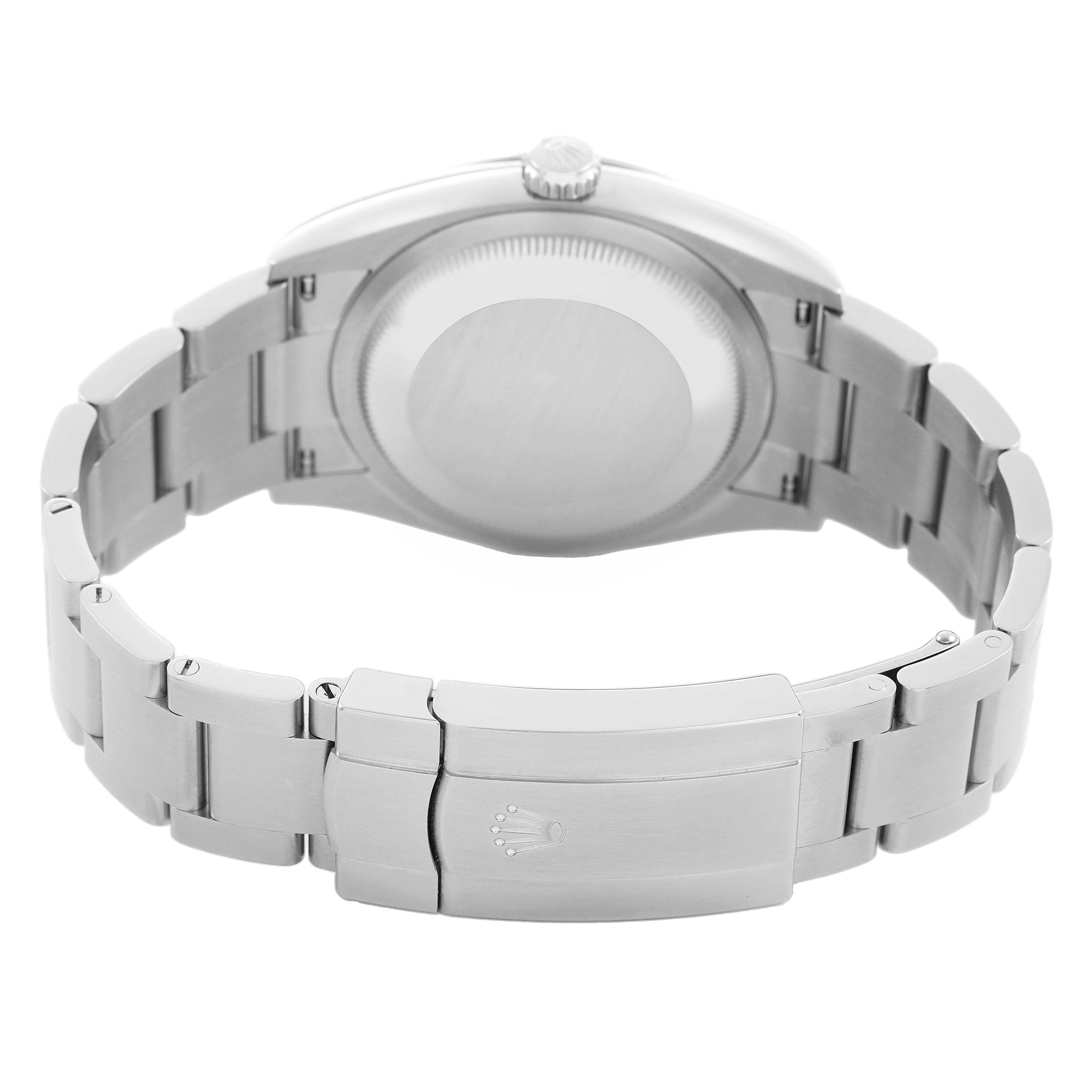 The image shows the back and clasp of a Rolex Oyster Perpetual M126000-0001 Men's Stainless Steel Beige Dial watch, highlighting the bracelet and closed case back.