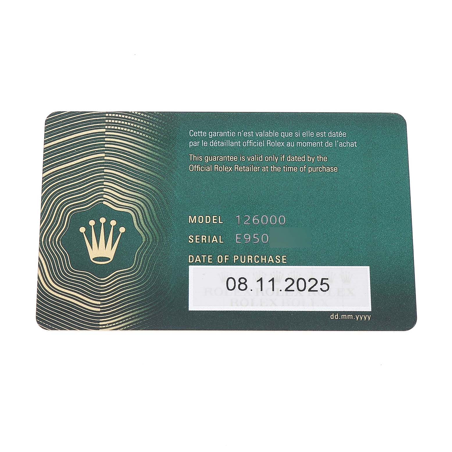The image shows a warranty card for the Rolex Oyster Perpetual M126000-0001 Men's Stainless Steel Beige Dial model 126000, displaying the serial number and purchase date.
