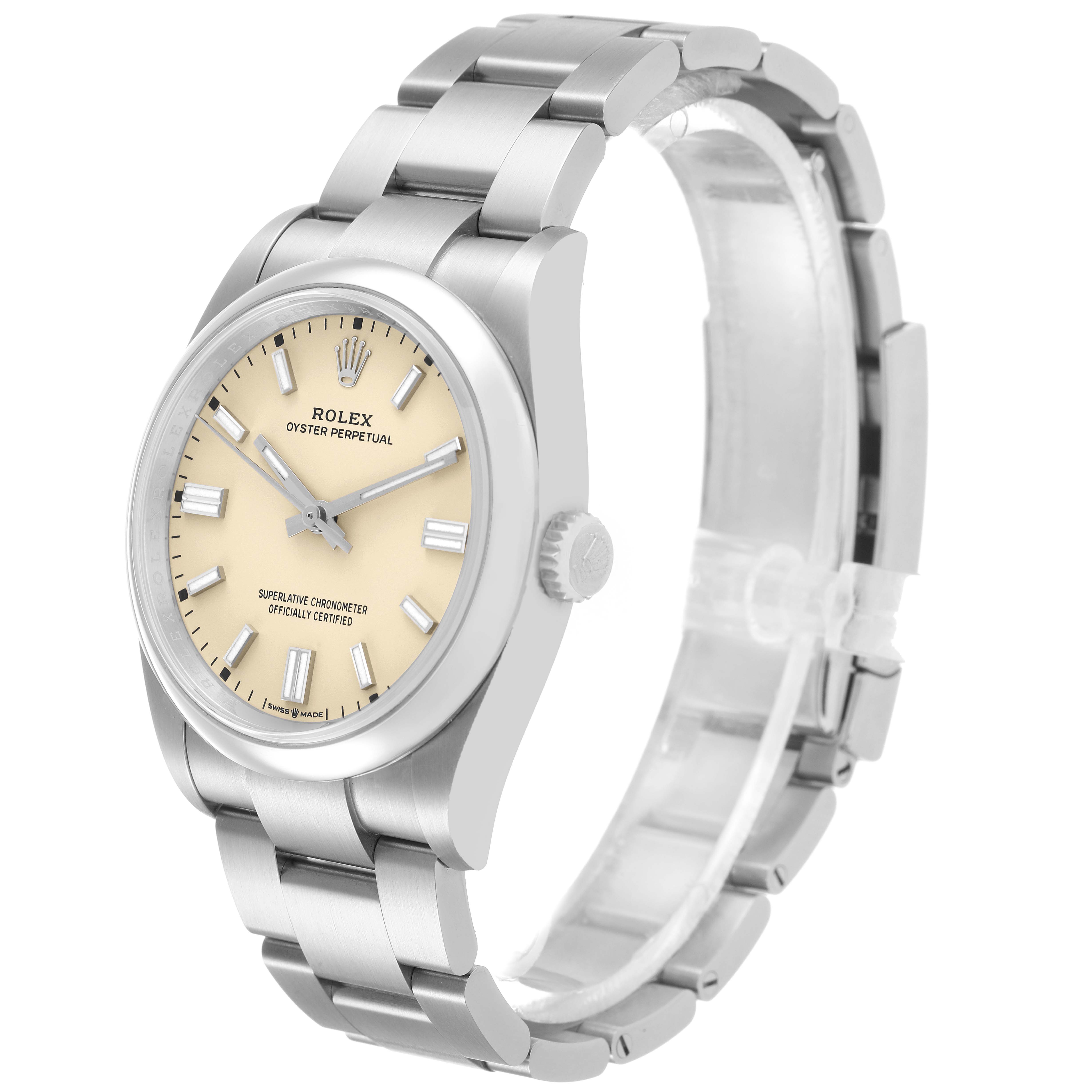 The Rolex Oyster Perpetual M126000-0001 Men's Stainless Steel Beige Dial watch is shown at a three-quarter angle, highlighting the bracelet, case, crown, and dial.