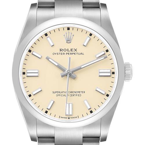 The Rolex Oyster Perpetual M126000-0001 Men's Stainless Steel Beige Dial watch is shown from a front angle, highlighting the face, bezel, crown, and part of the bracelet.