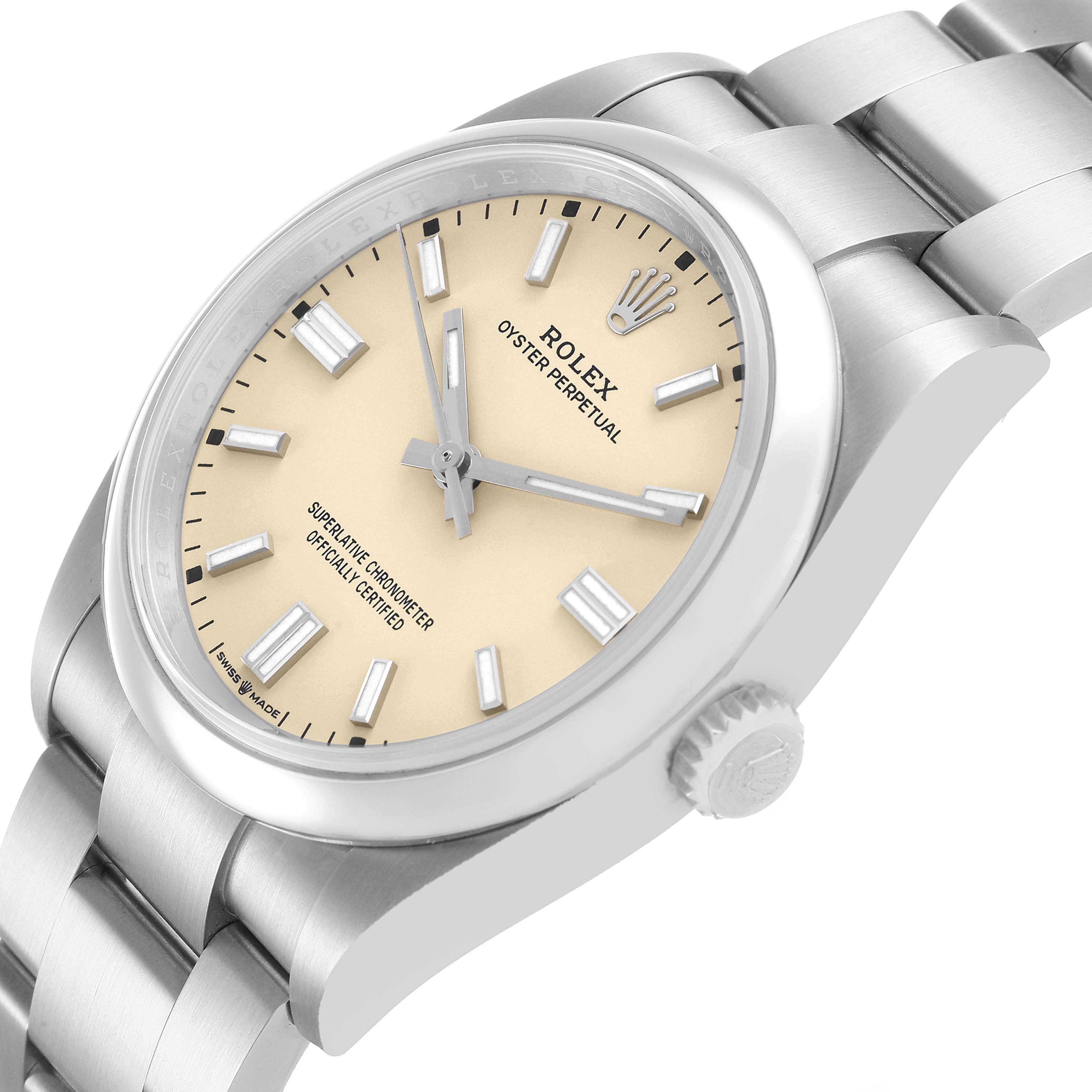 The Rolex Oyster Perpetual M126000-0001 Men's Stainless Steel Beige Dial watch is shown at an angle highlighting its dial, case, crown, and bracelet.