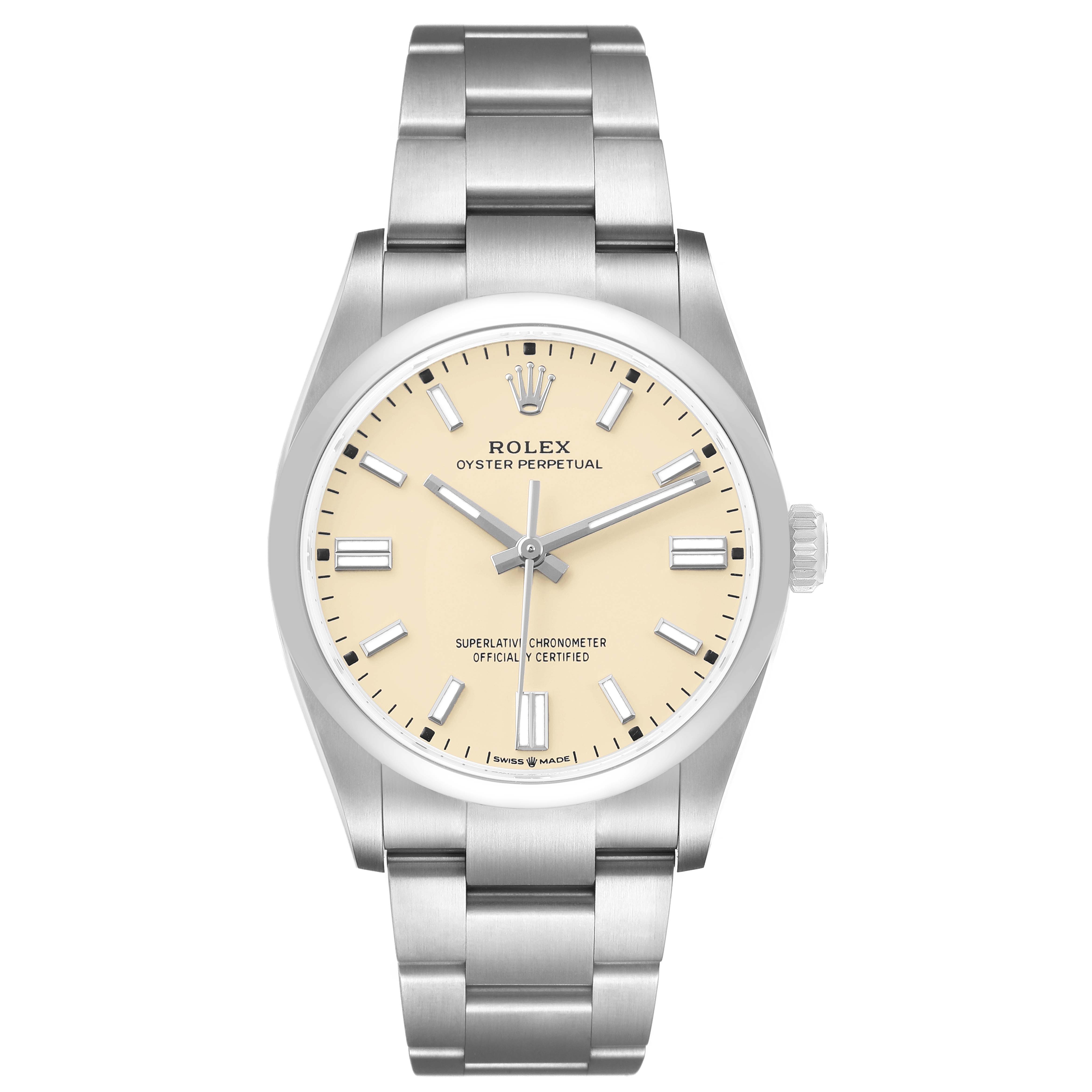 The Rolex Oyster Perpetual M126000-0001 Men's Stainless Steel Beige Dial watch is shown from the front, displaying the dial, bezel, crown, and bracelet.