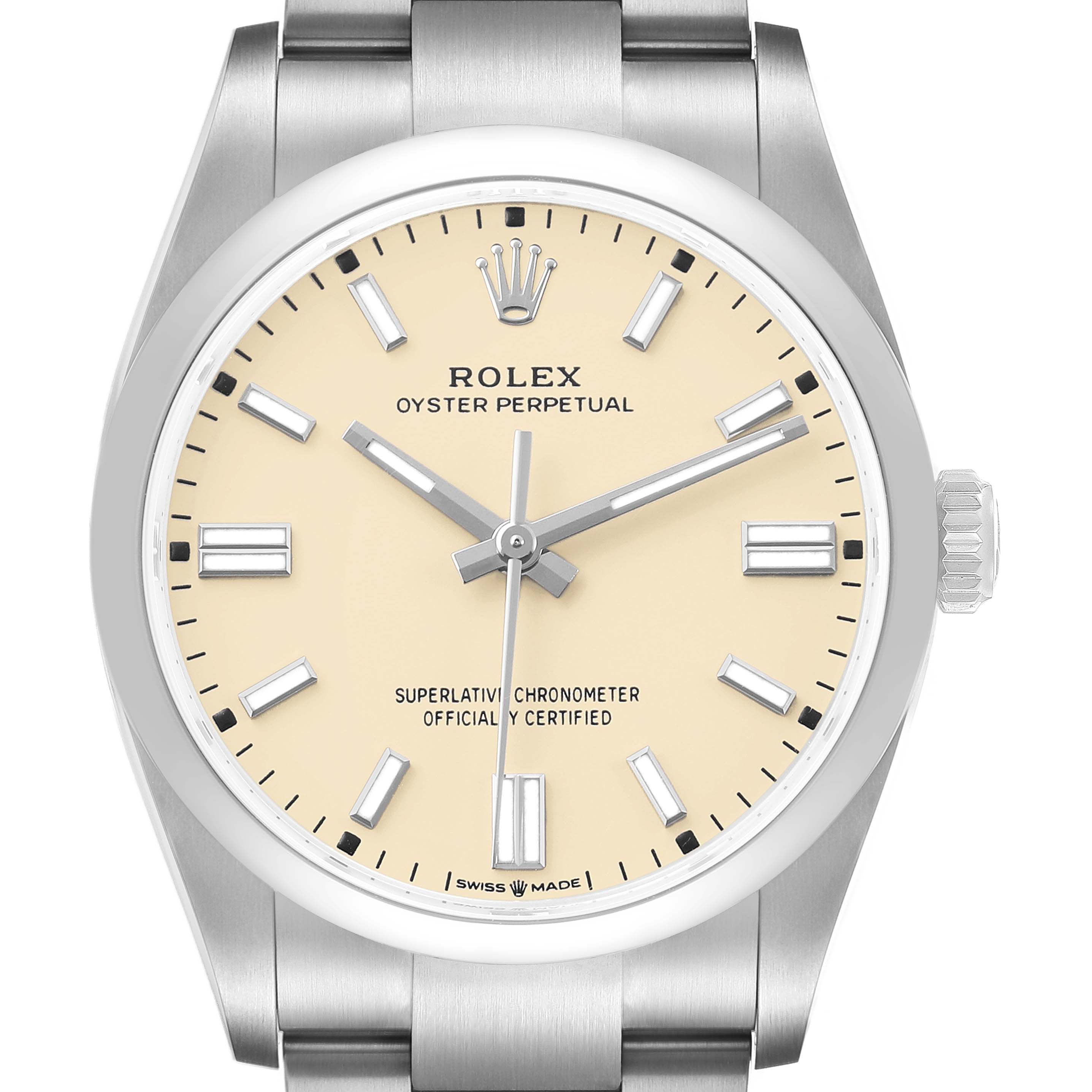 The Rolex Oyster Perpetual M126000-0001 Men's Stainless Steel Beige Dial watch is shown from the front, displaying the face, hands, indices, bezel, and part of the bracelet.