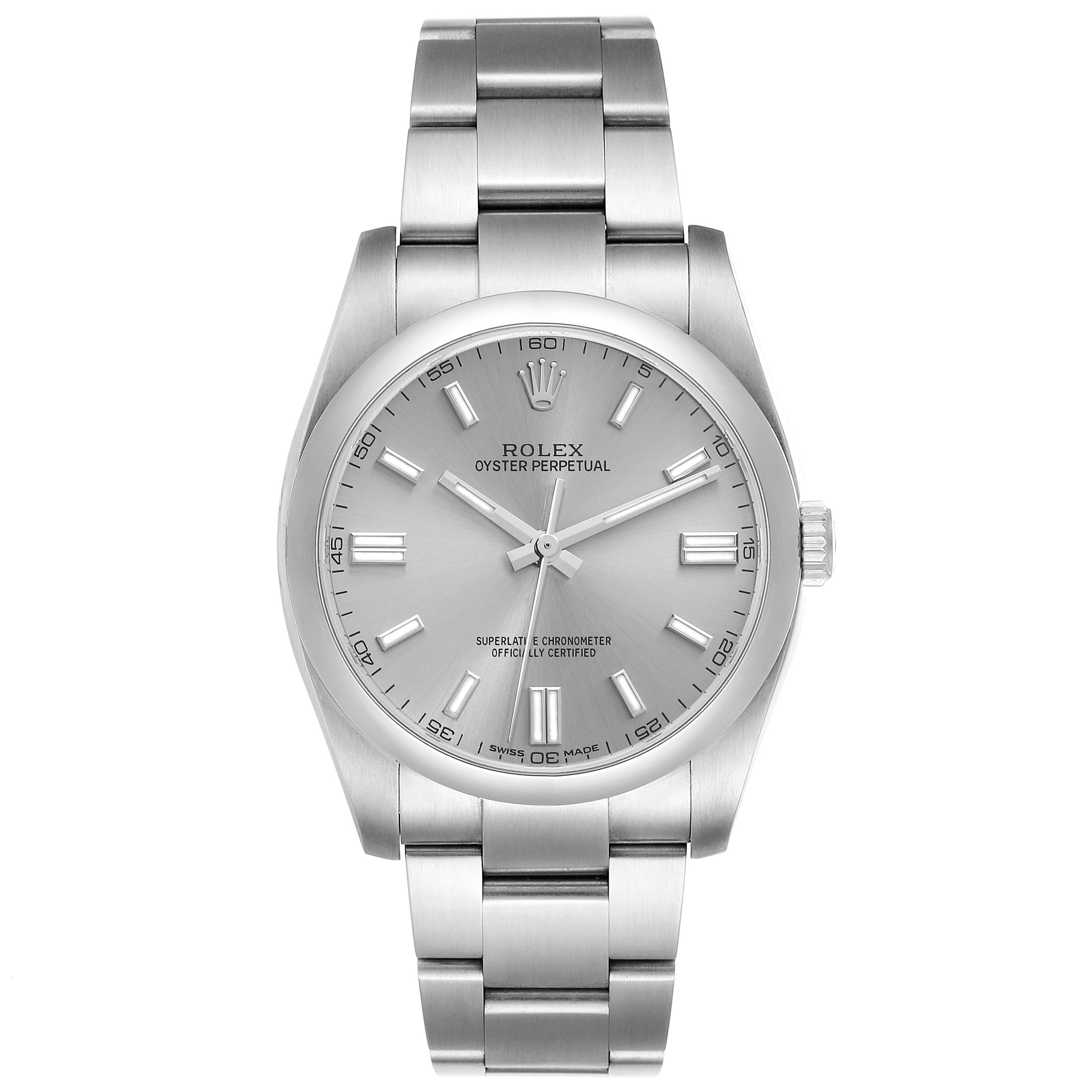 This image shows a front view of a Rolex Oyster Perpetual 116000 Men
s Stainless Steel Grey Dial 116000 Men
s Stainless Steel Grey Dial watch, featuring the dial, bezel, case, and bracelet.
