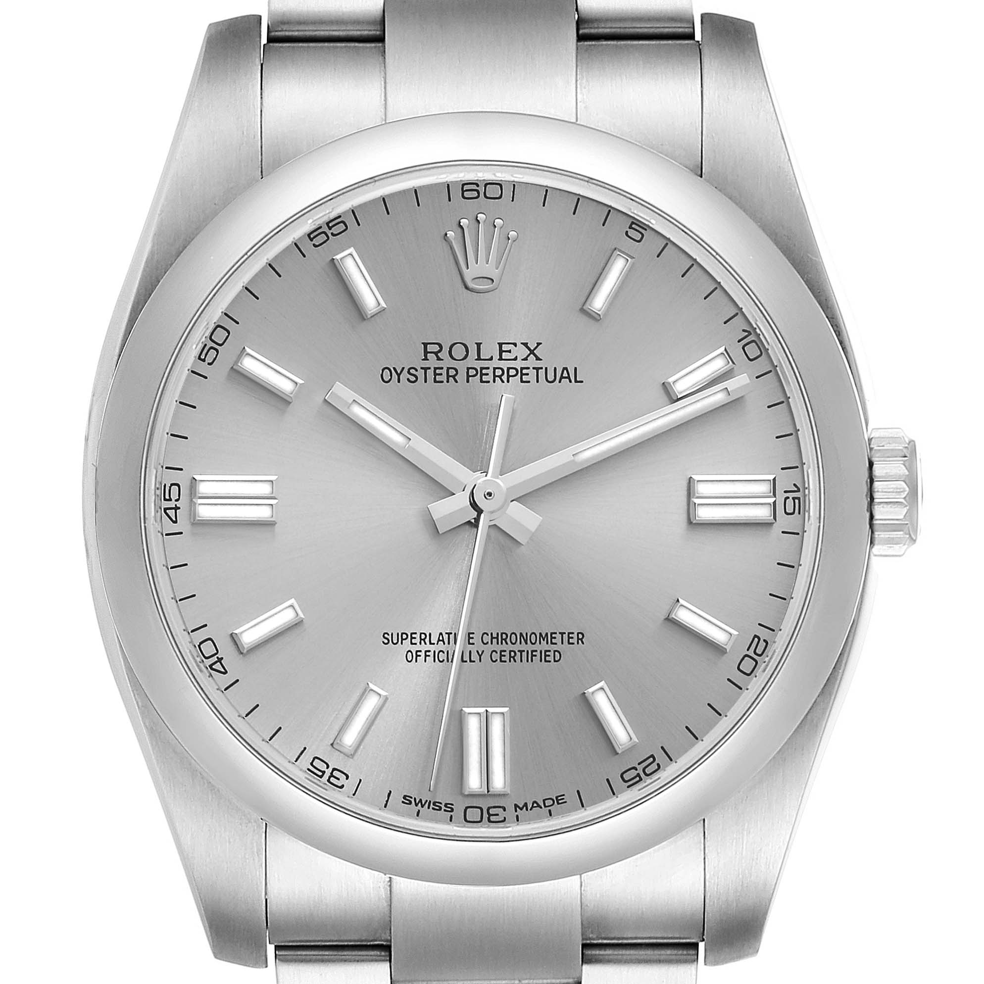 This is a close-up view of the Rolex Oyster Perpetual 116000 Men
s Stainless Steel Grey Dial 116000 Men
s Stainless Steel Grey Dial watch, showing the dial, hour markers, hands, and part of the bracelet.