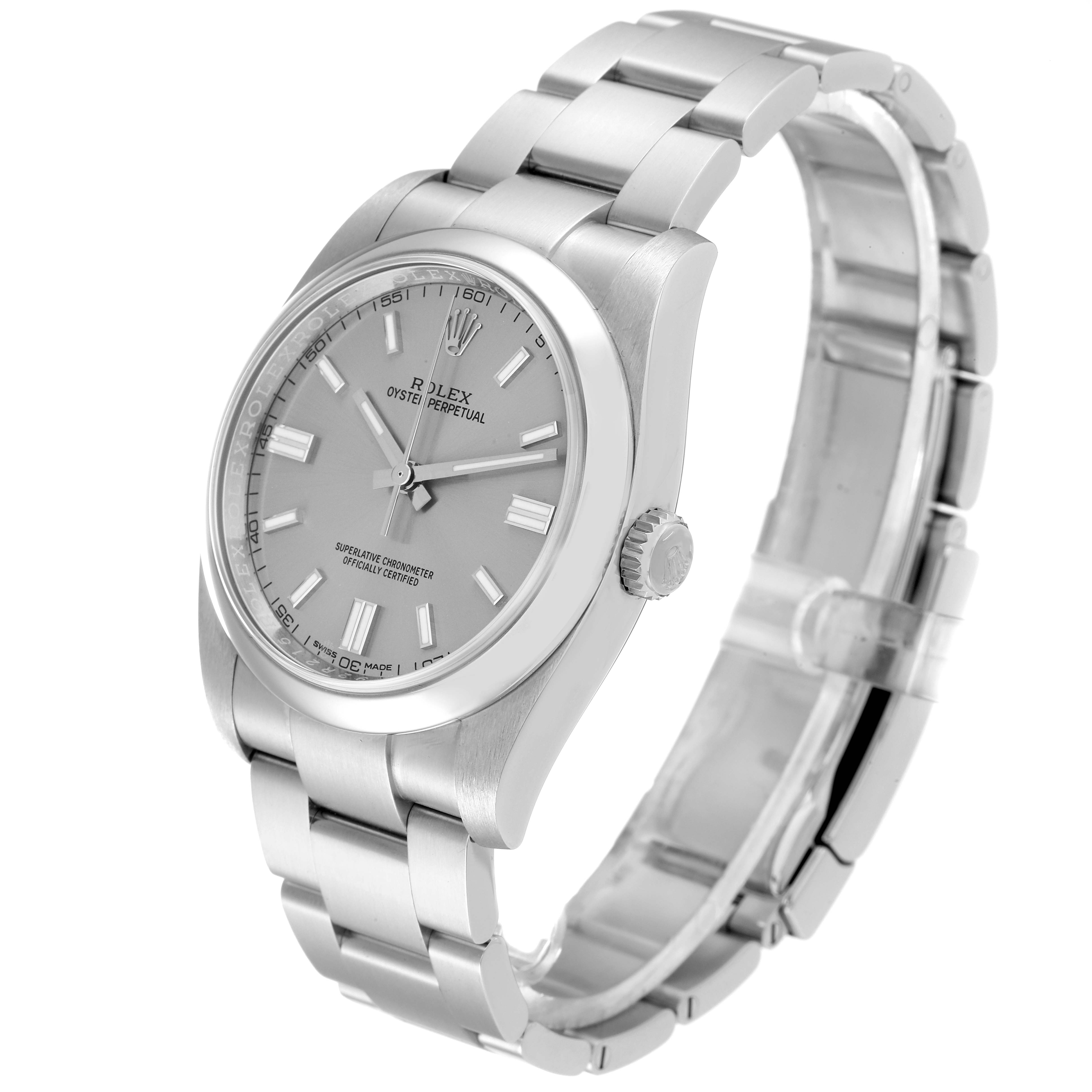 This image shows a side angle of a Rolex Oyster Perpetual 116000 Men
s Stainless Steel Grey Dial 116000 Men
s Stainless Steel Grey Dial watch, highlighting its silver dial, crown, and metal bracelet.
