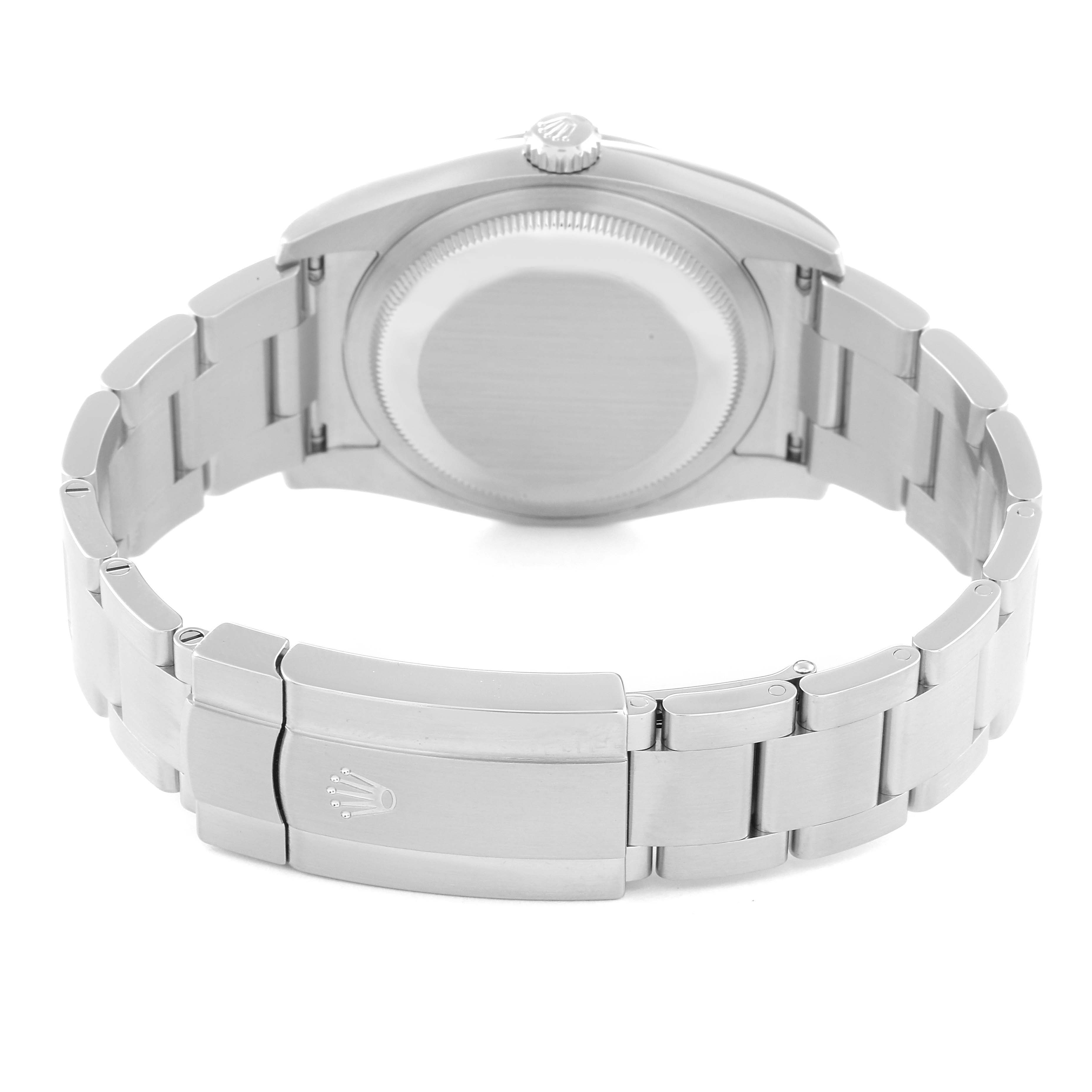 This image shows the back view of a Rolex Oyster Perpetual 116000 Men
s Stainless Steel Grey Dial 116000 Men
s Stainless Steel Grey Dial watch, highlighting its case back and clasp.