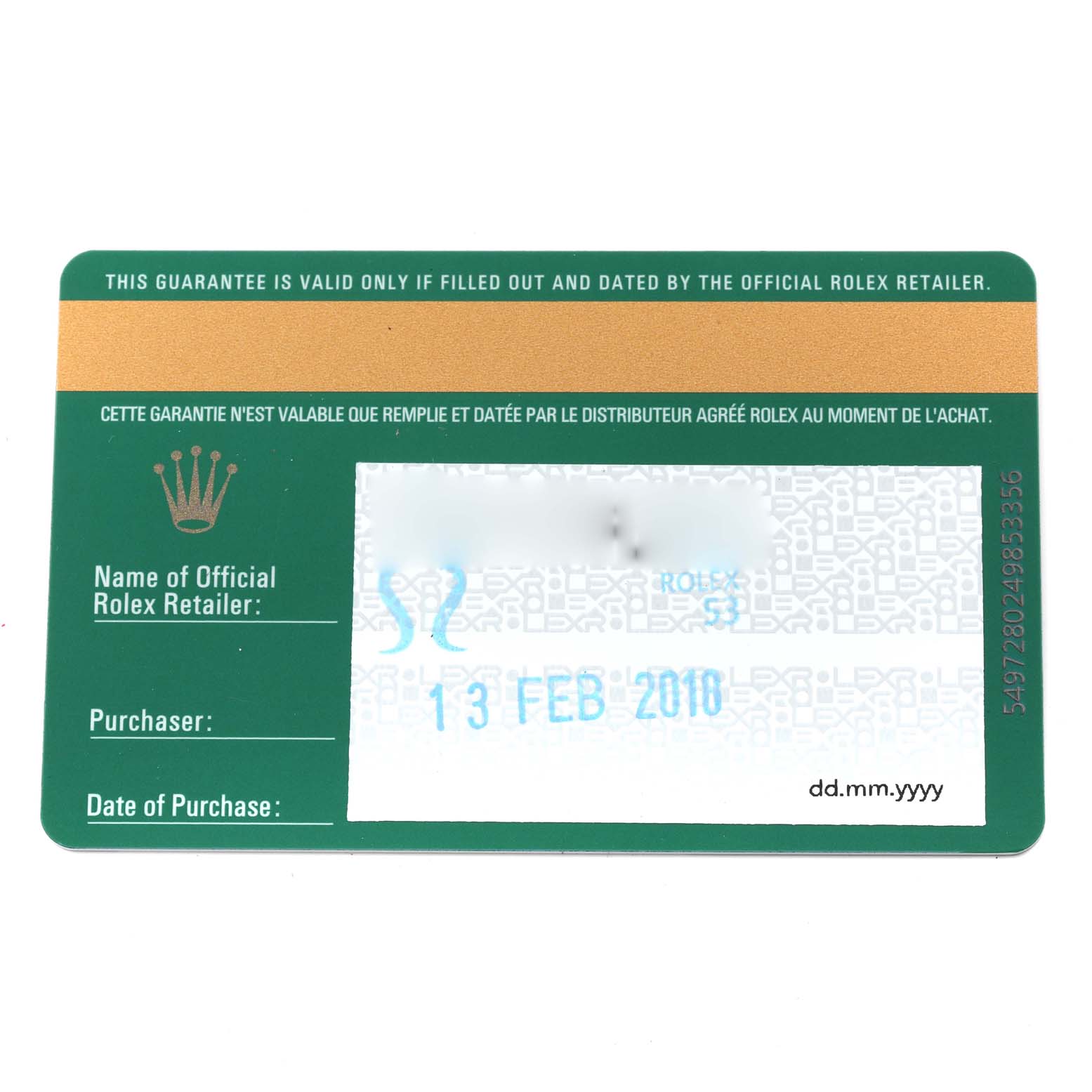 The image shows the guarantee card for a Rolex Oyster Perpetual 116000 Men
s Stainless Steel Grey Dial 116000 Men
s Stainless Steel Grey Dial watch, displaying fields for the retailer
s name, purchaser, and date of purchase.