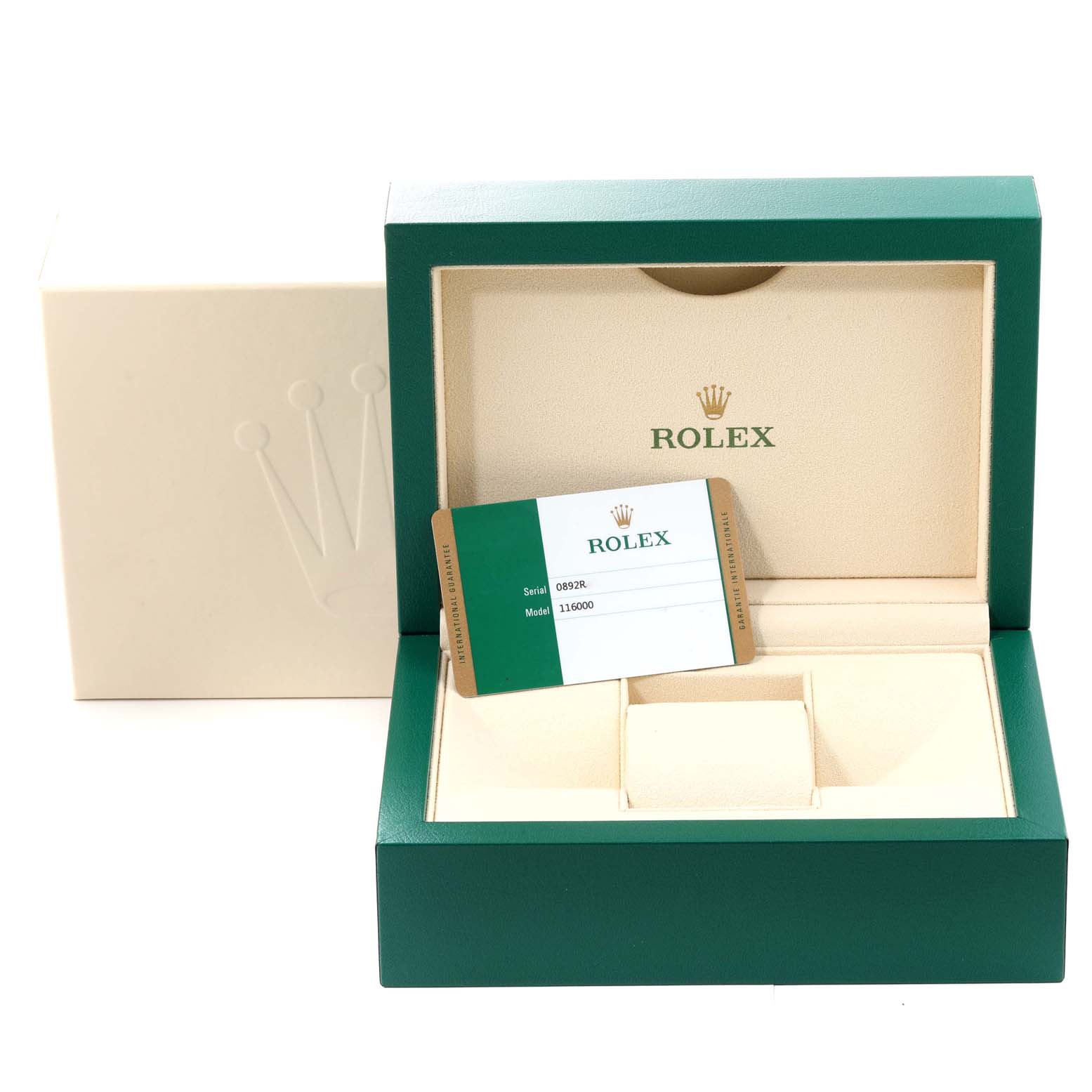 The image shows the Rolex Oyster Perpetual 116000 Men
s Stainless Steel Grey Dial 116000 Men
s Stainless Steel Grey Dial
s packaging box and Best Quality
ity card from the front angle.
