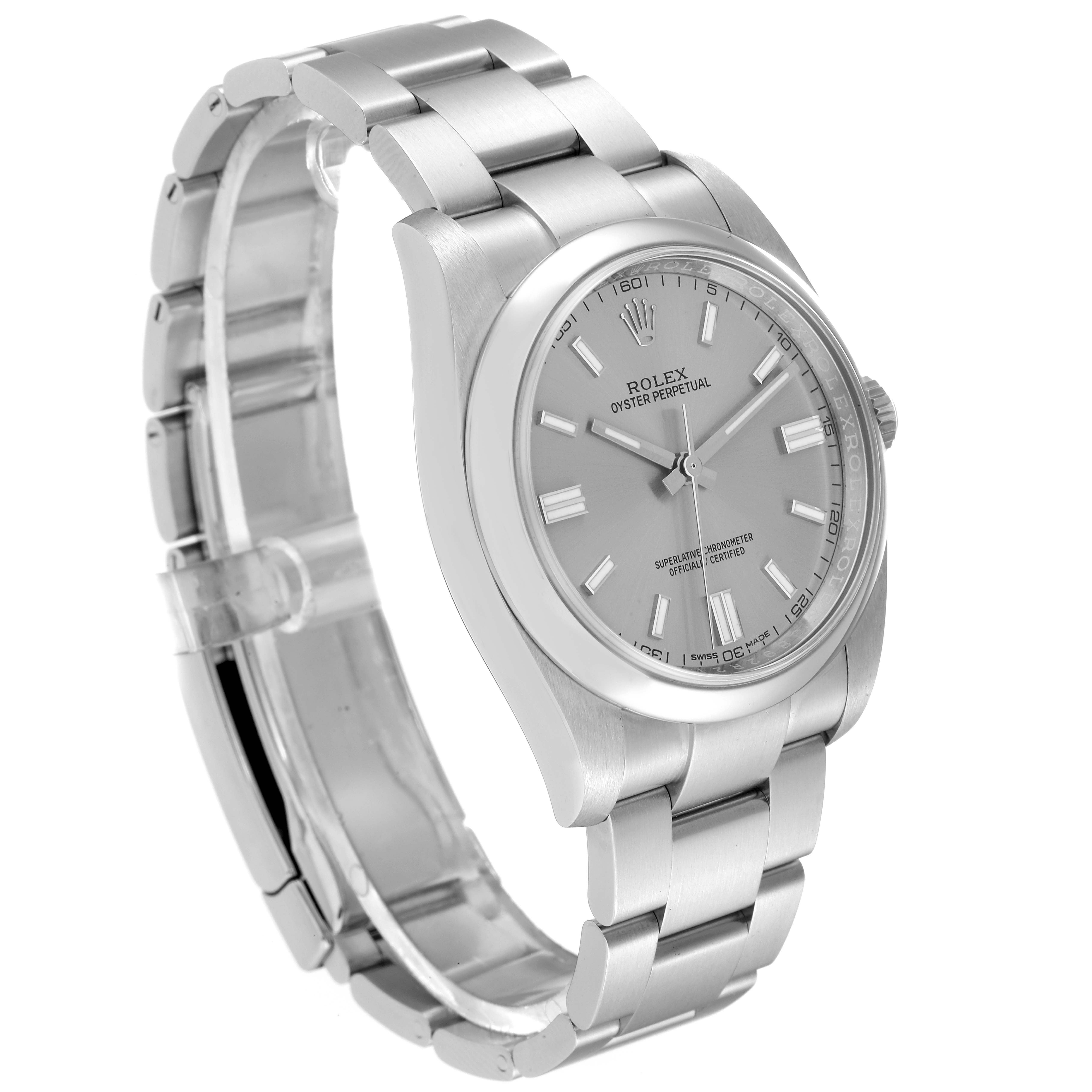 The angled view of the Rolex Oyster Perpetual 116000 Men
s Stainless Steel Grey Dial 116000 Men
s Stainless Steel Grey Dial watch shows the face, bracelet, crown, and clasp.