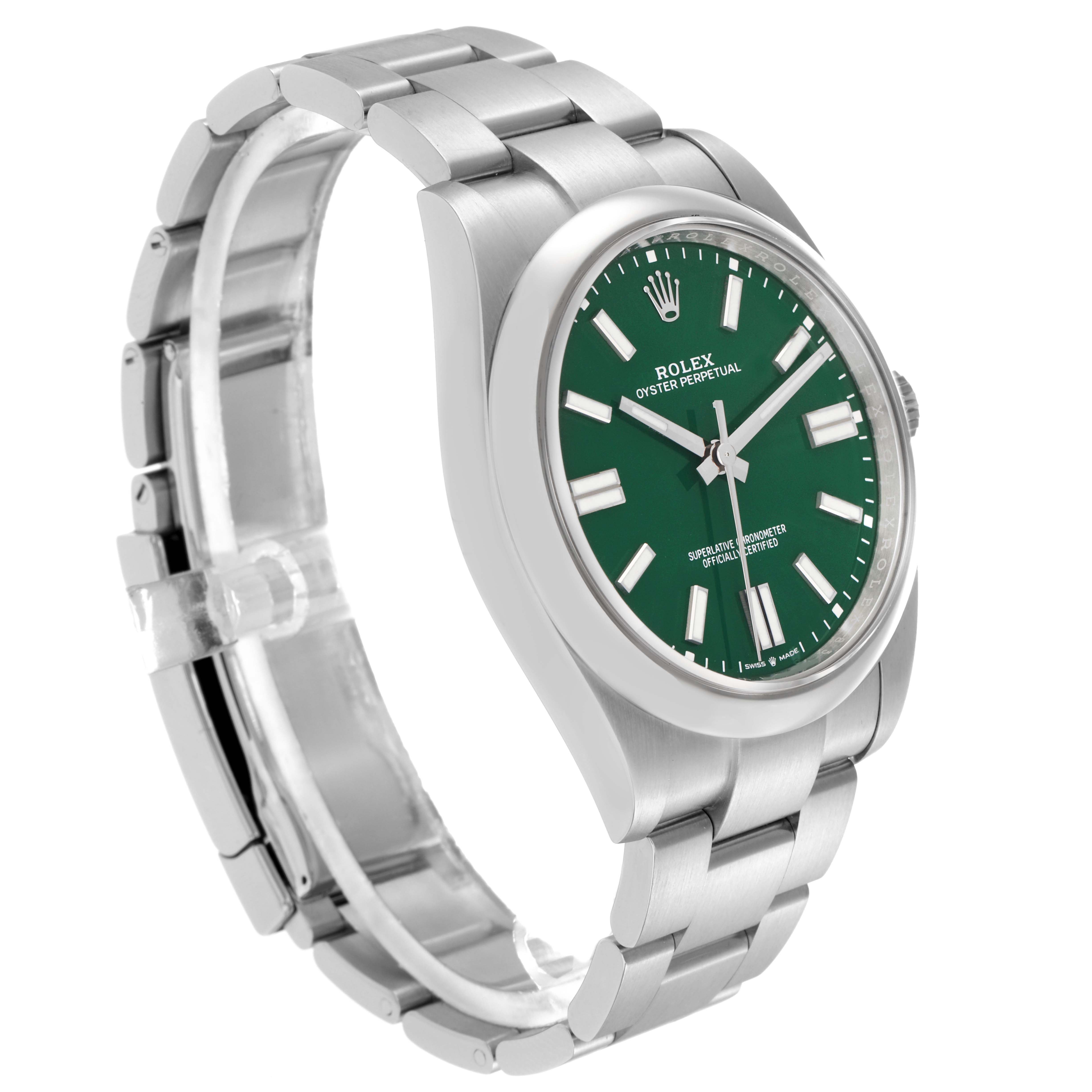 The Rolex Oyster Perpetual 124300 Men
s Stainless Steel Green Dial 124300 Men
s Stainless Steel Green Dial watch is shown at a three-quarter angle, displaying the green dial, stainless steel case, and bracelet.