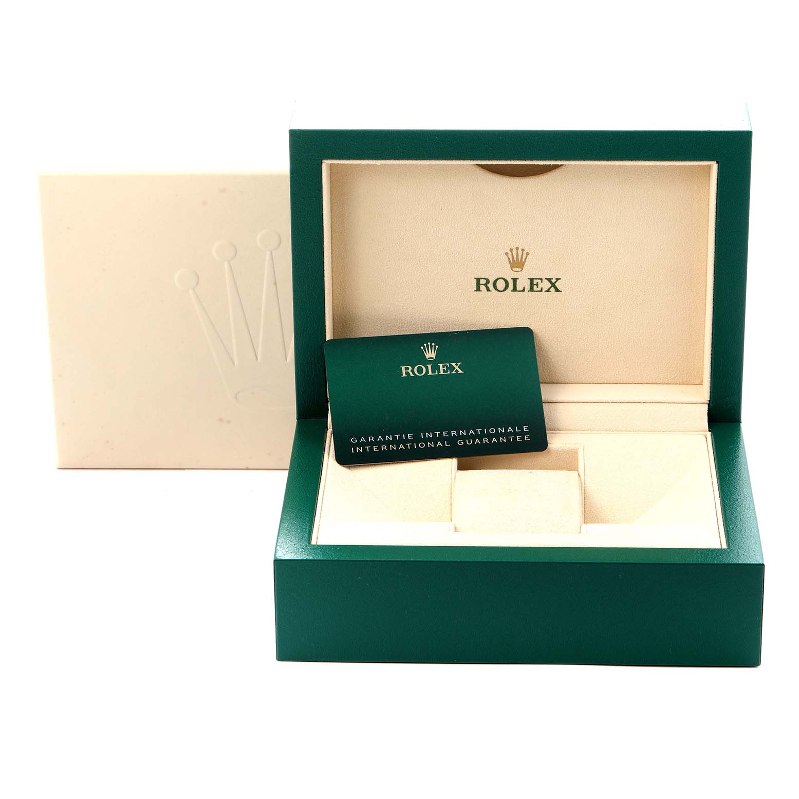 The Rolex Oyster Perpetual 124300 Men
s Stainless Steel Green Dial 124300 Men
s Stainless Steel Green Dial packaging is shown, featuring an open green box and a warranty card.