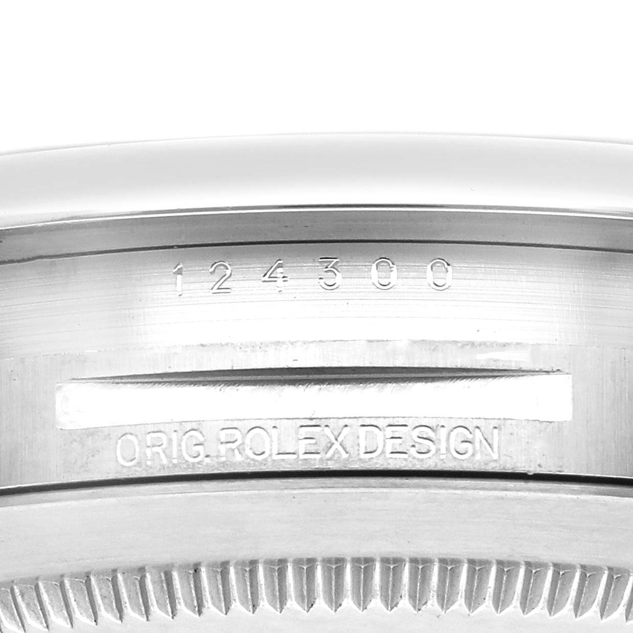 The image shows a close-up of the side of a Rolex Oyster Perpetual 124300 Men
s Stainless Steel Green Dial 124300 Men
s Stainless Steel Green Dial watch, highlighting the bezel and engraved model number.