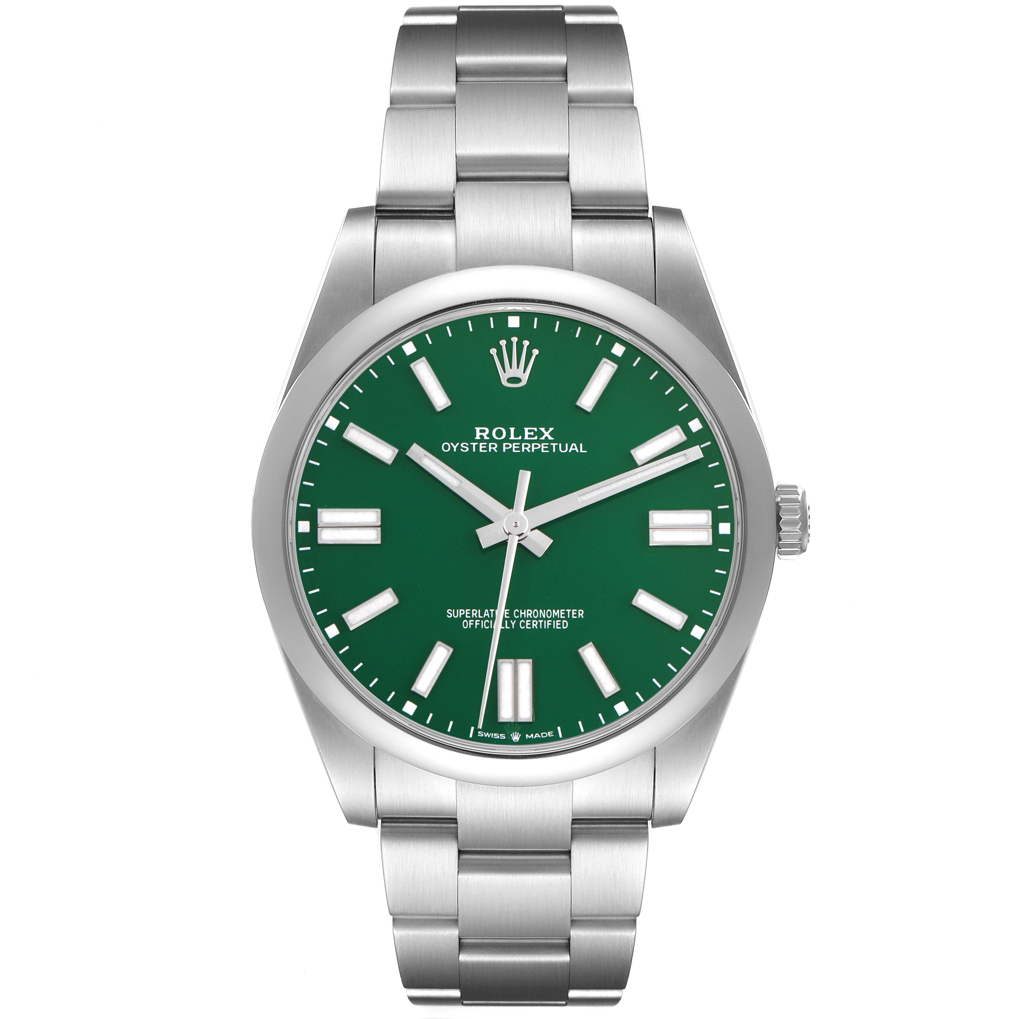 The Rolex Oyster Perpetual 124300 Men
s Stainless Steel Green Dial 124300 Men
s Stainless Steel Green Dial watch is shown from the front, displaying its green dial, bracelet, and crown.