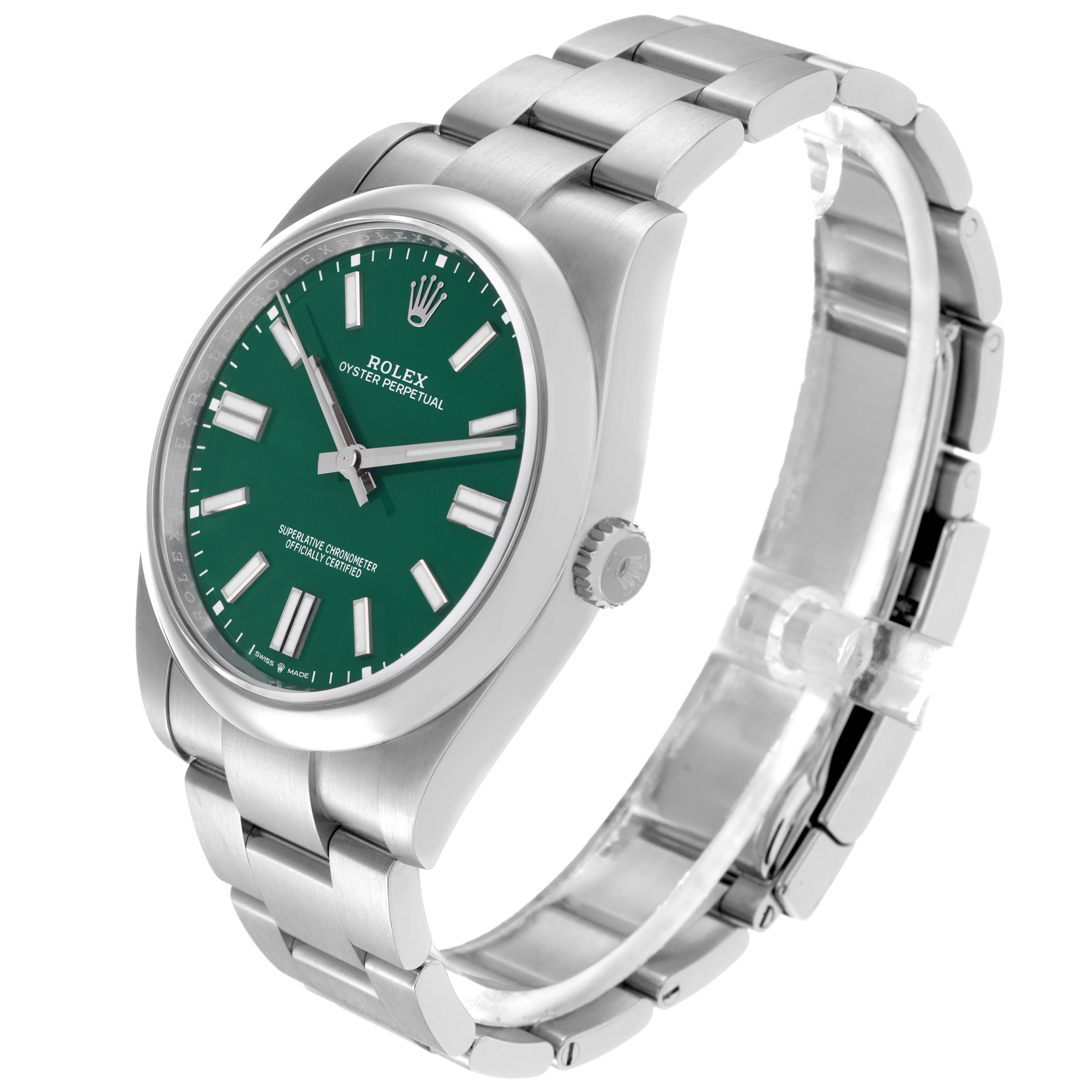 The Rolex Oyster Perpetual 124300 Men
s Stainless Steel Green Dial 124300 Men
s Stainless Steel Green Dial watch is shown from a three-quarter angle, highlighting the face, bezel, crown, and bracelet.