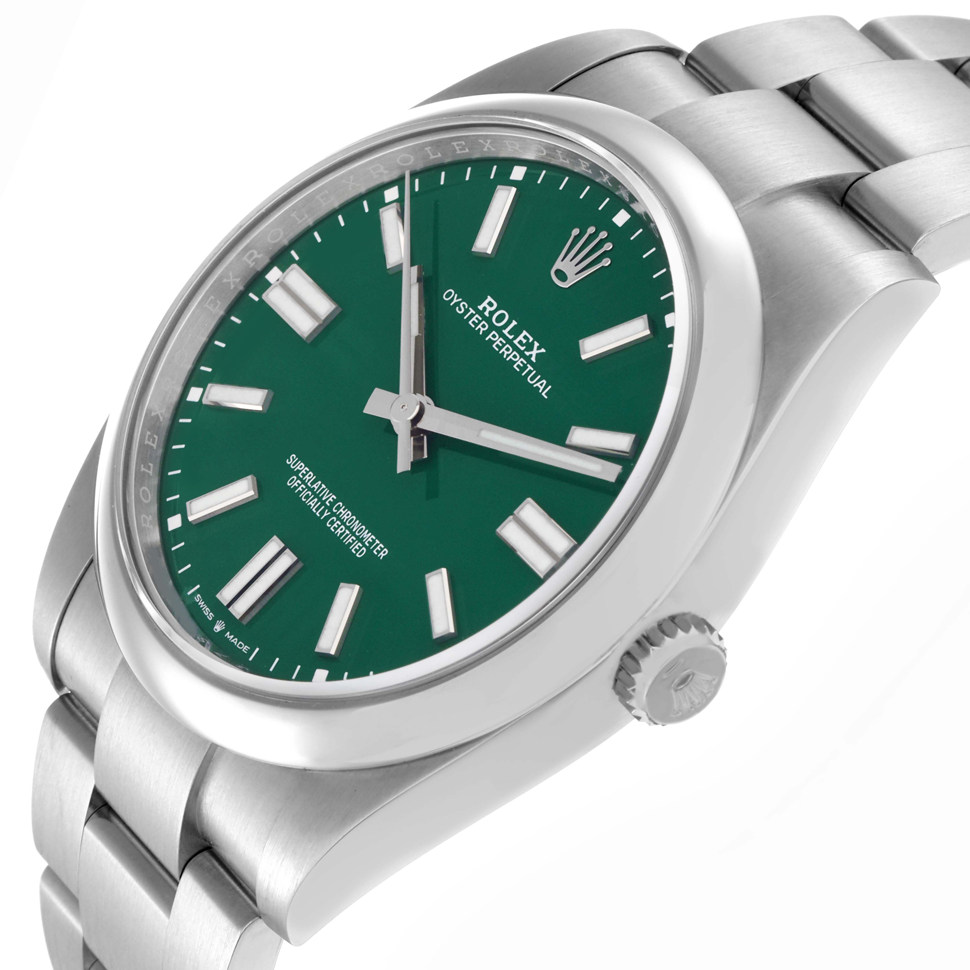 The Rolex Oyster Perpetual 124300 Men
s Stainless Steel Green Dial 124300 Men
s Stainless Steel Green Dial watch is shown at a slight angle, displaying the green dial, bezel, case, crown, and part of the bracelet.