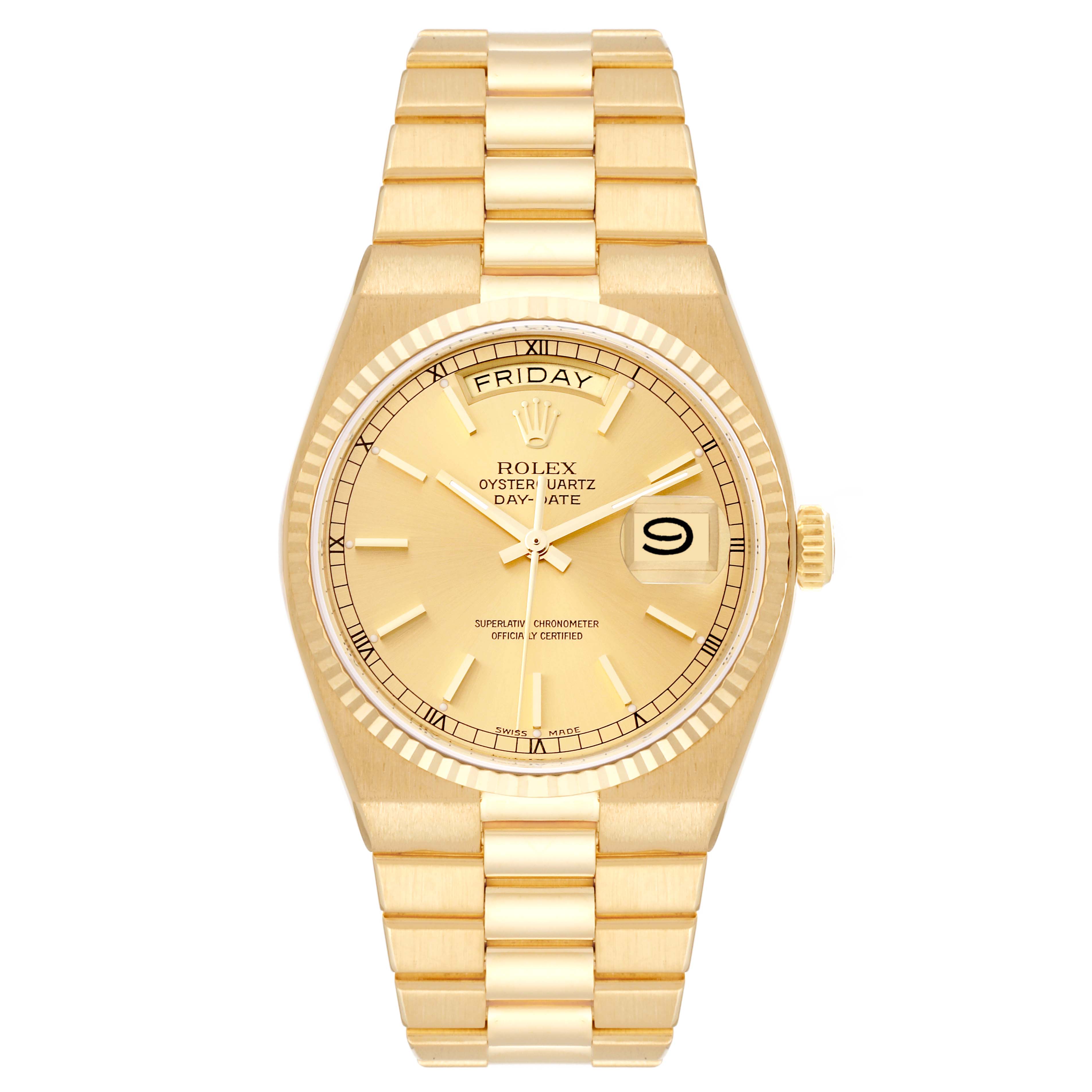 The image shows a Rolex Oysterquartz 19018 Men's Yellow Gold Champagne Dial 19018 Men's Yellow Gold Champagne Dial watch model from a frontal angle, highlighting the dial, band, and crown.