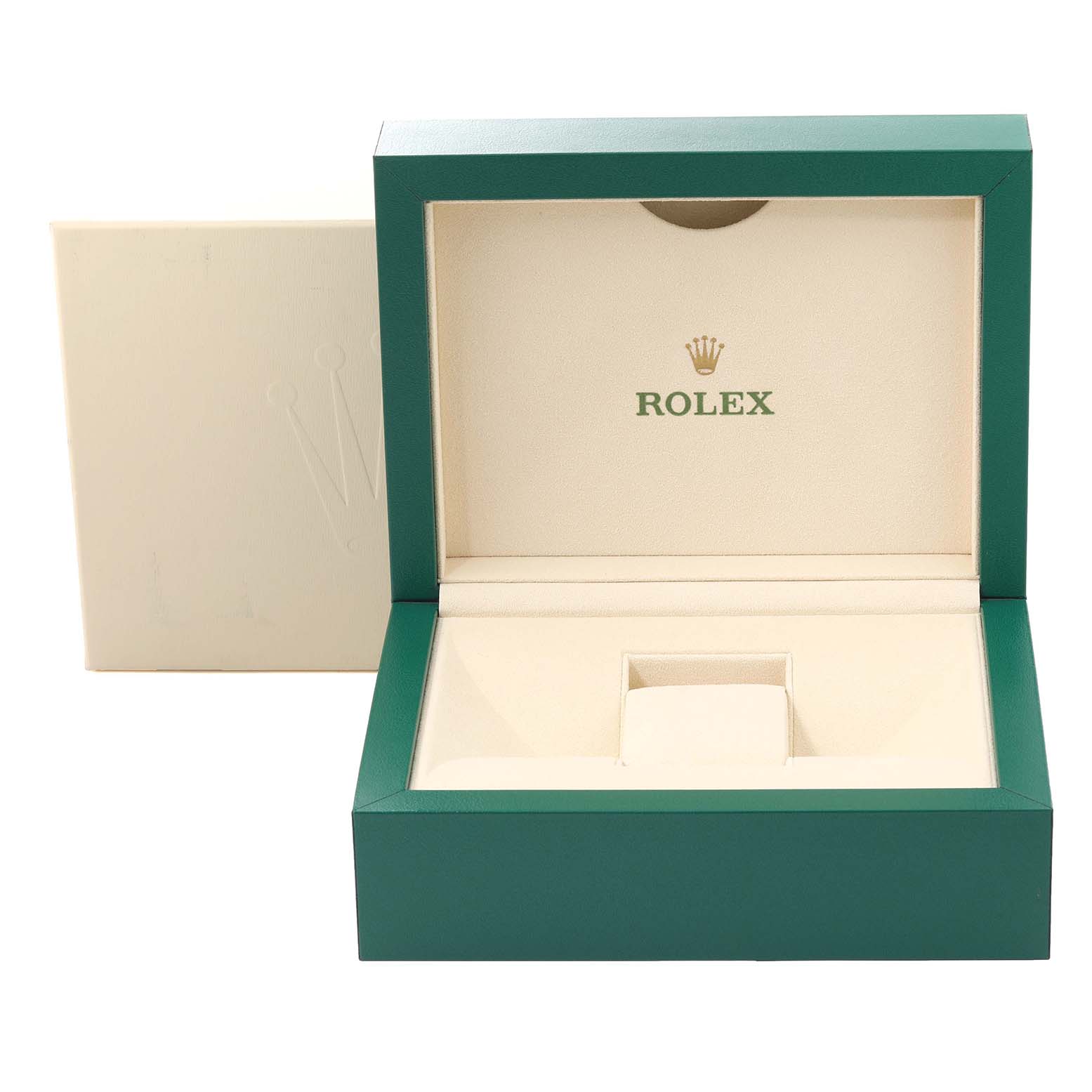 This image shows the empty, open box for a Rolex Oysterquartz 19018 Men's Yellow Gold Champagne Dial 19018 Men's Yellow Gold Champagne Dial watch, with the brand logo visible inside the lid.