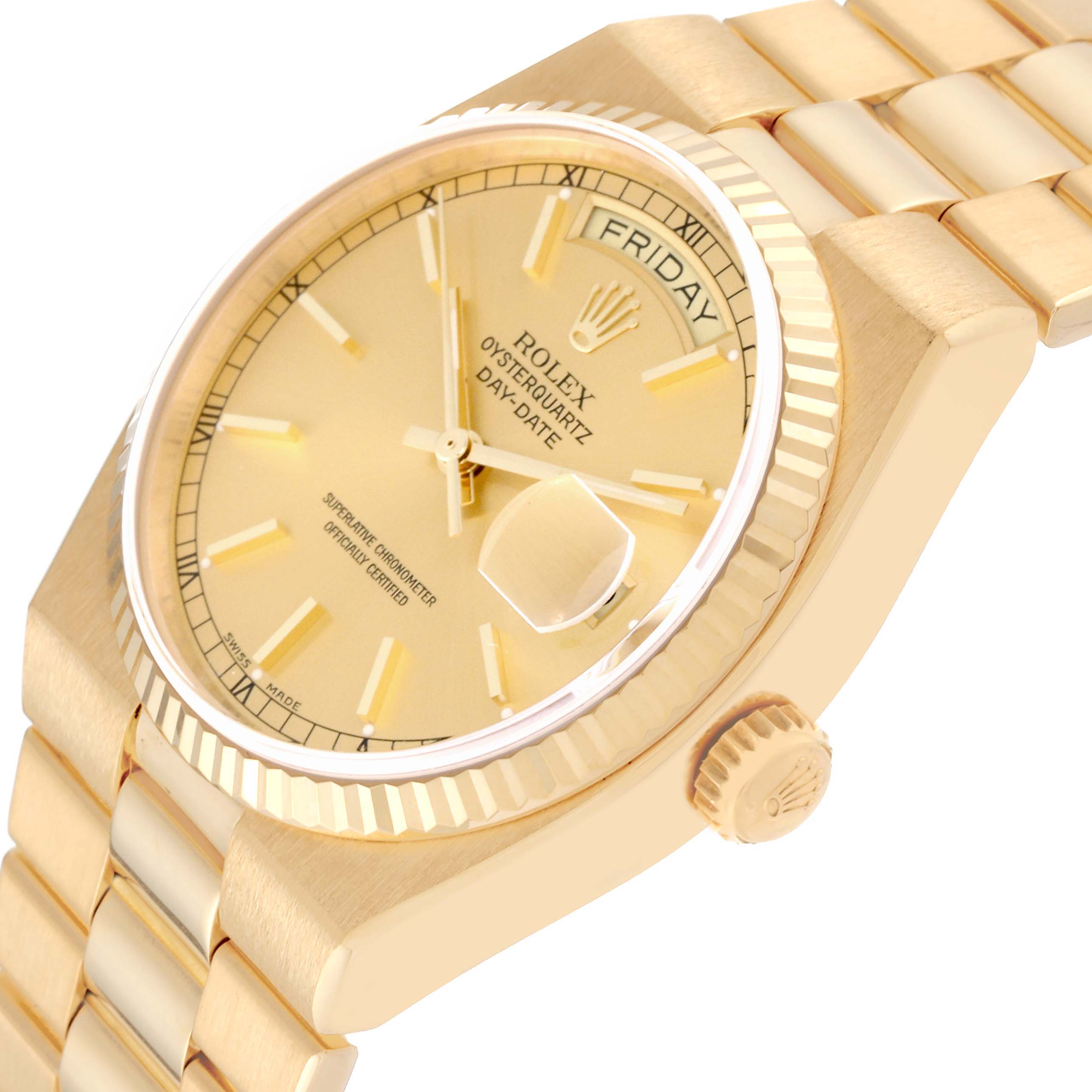The Rolex Oysterquartz 19018 Men's Yellow Gold Champagne Dial 19018 Men's Yellow Gold Champagne Dial watch is shown from a side angle, highlighting the face, bezel, and part of the bracelet.