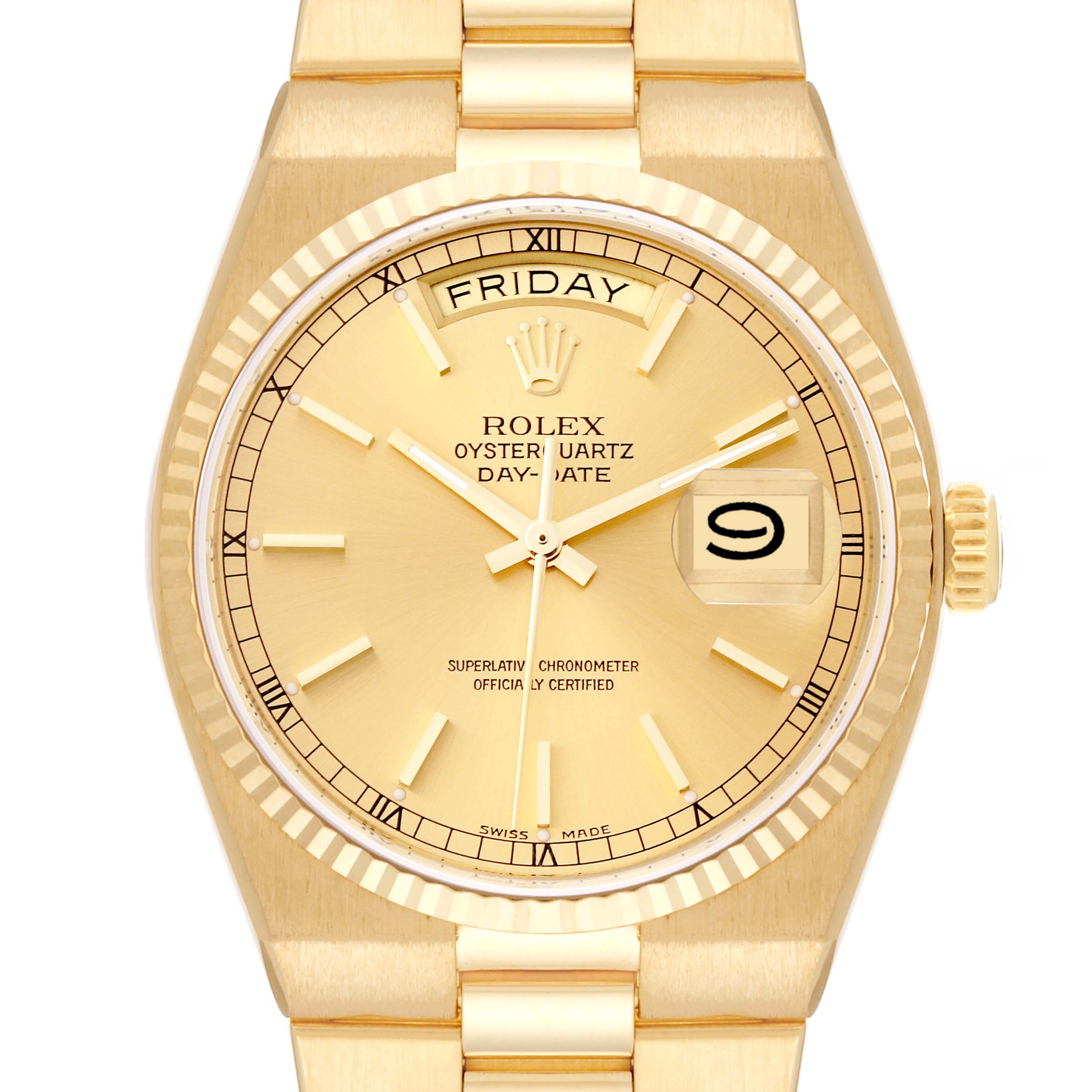 The image shows a front view of a Rolex Oysterquartz 19018 Men's Yellow Gold Champagne Dial 19018 Men's Yellow Gold Champagne Dial watch, displaying its dial, bezel, crown, and part of the bracelet.