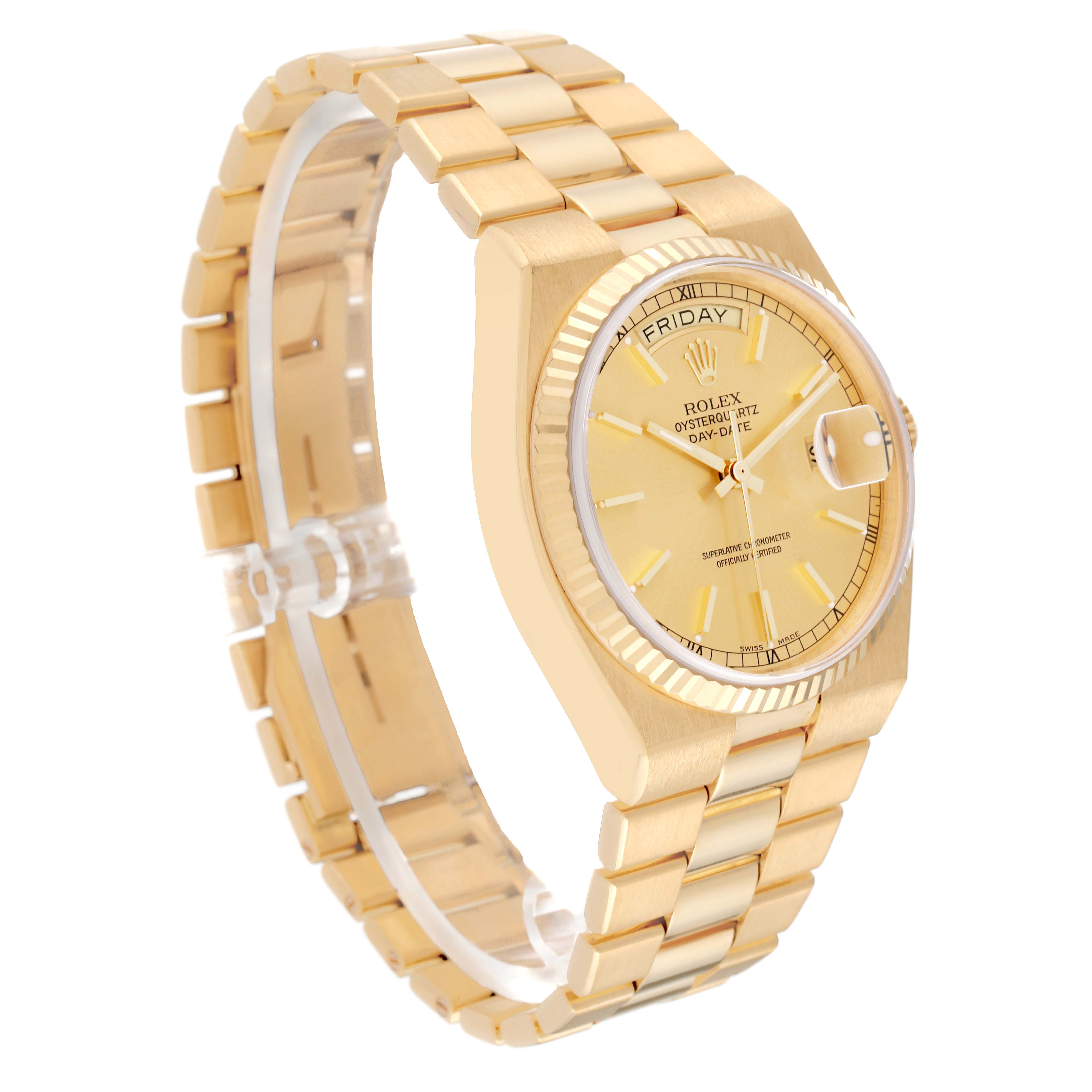 The Rolex Oysterquartz 19018 Men's Yellow Gold Champagne Dial 19018 Men's Yellow Gold Champagne Dial watch is shown at an angled profile, displaying the entire wristband and face.