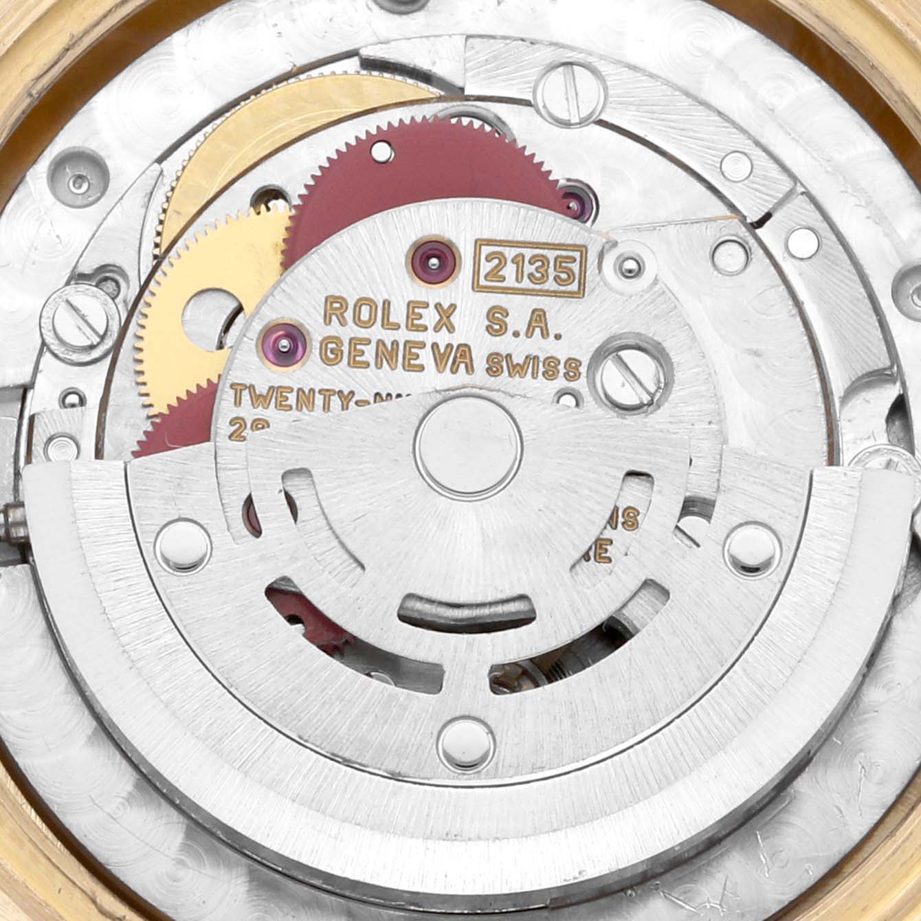 This image shows the inner movement and mechanical components of a Rolex President 68248 Women's Yellow Gold White Dial 68248 Women's Yellow Gold White Dial model watch.