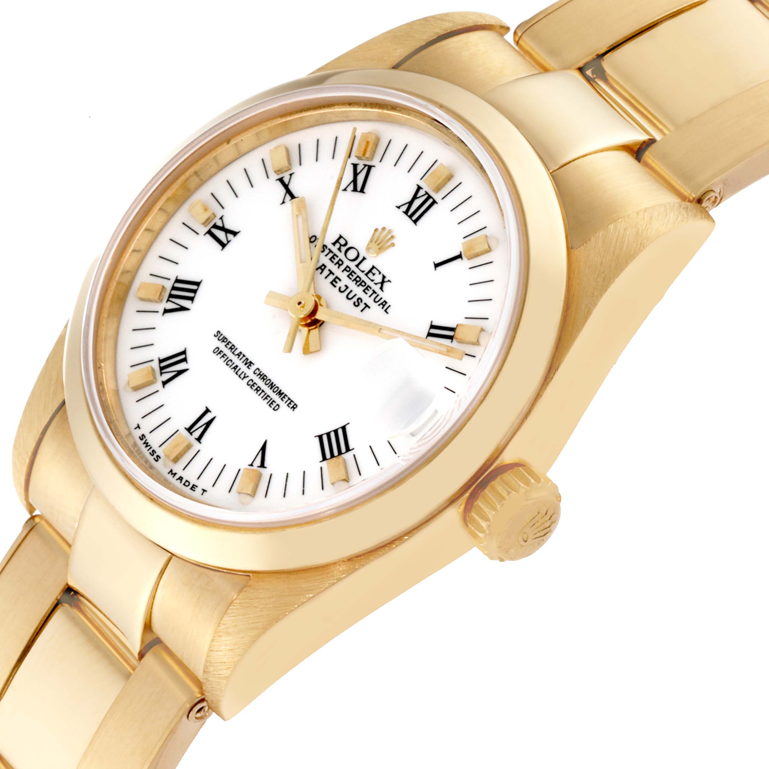The image shows a close-up angle of the Rolex President 68248 Women's Yellow Gold White Dial 68248 Women's Yellow Gold White Dial model watch, highlighting the dial, bezel, case, crown, and part of the bracelet.