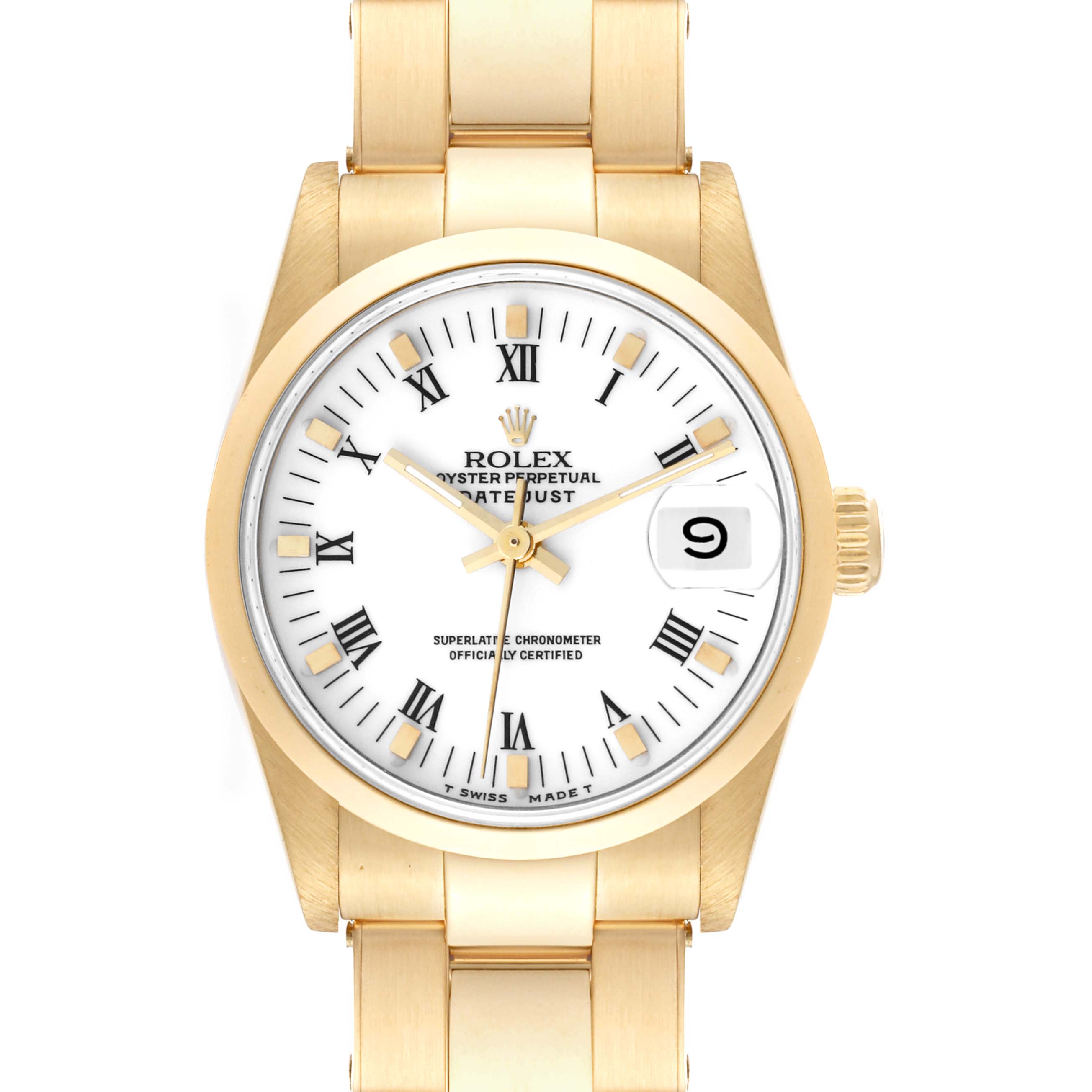 The image shows a front view of the Rolex President 68248 Women's Yellow Gold White Dial 68248 Women's Yellow Gold White Dial model watch displaying the dial, bracelet, and date function.