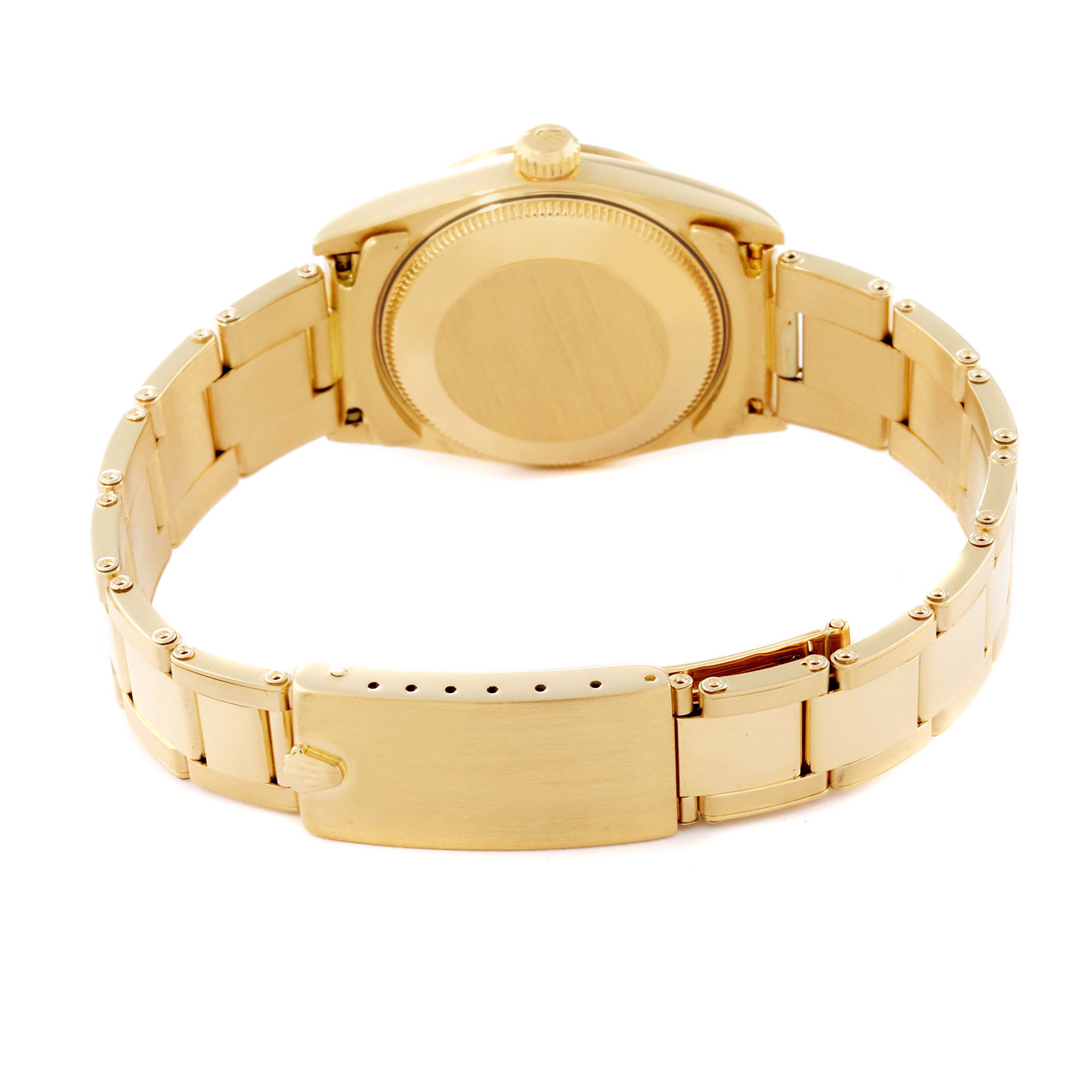 This image shows the back case and bracelet of the Rolex President 68248 Women's Yellow Gold White Dial 68248 Women's Yellow Gold White Dial model watch.