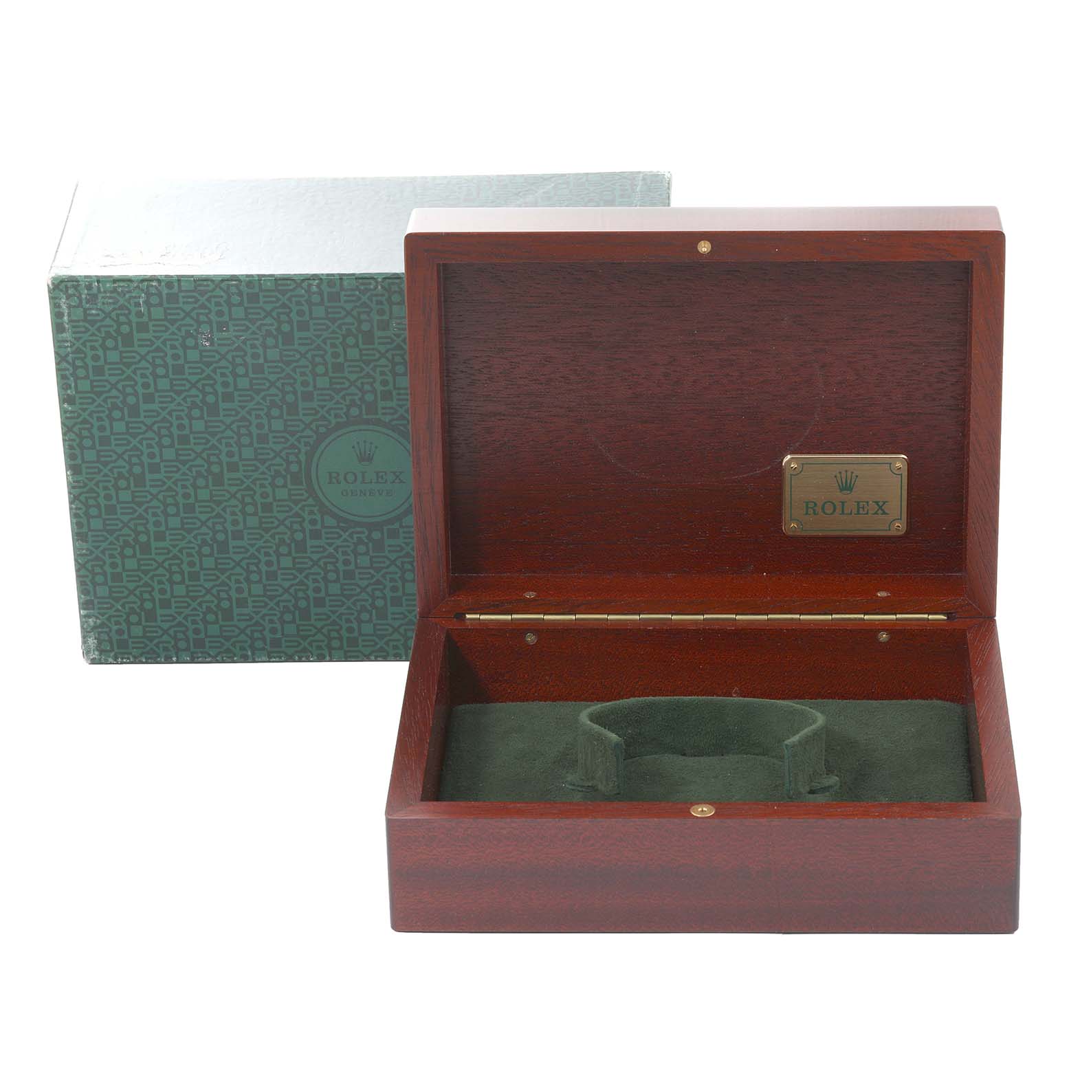 The image shows an open wooden box and outer packaging for a Rolex President 68248 Women's Yellow Gold White Dial 68248 Women's Yellow Gold White Dial model watch.