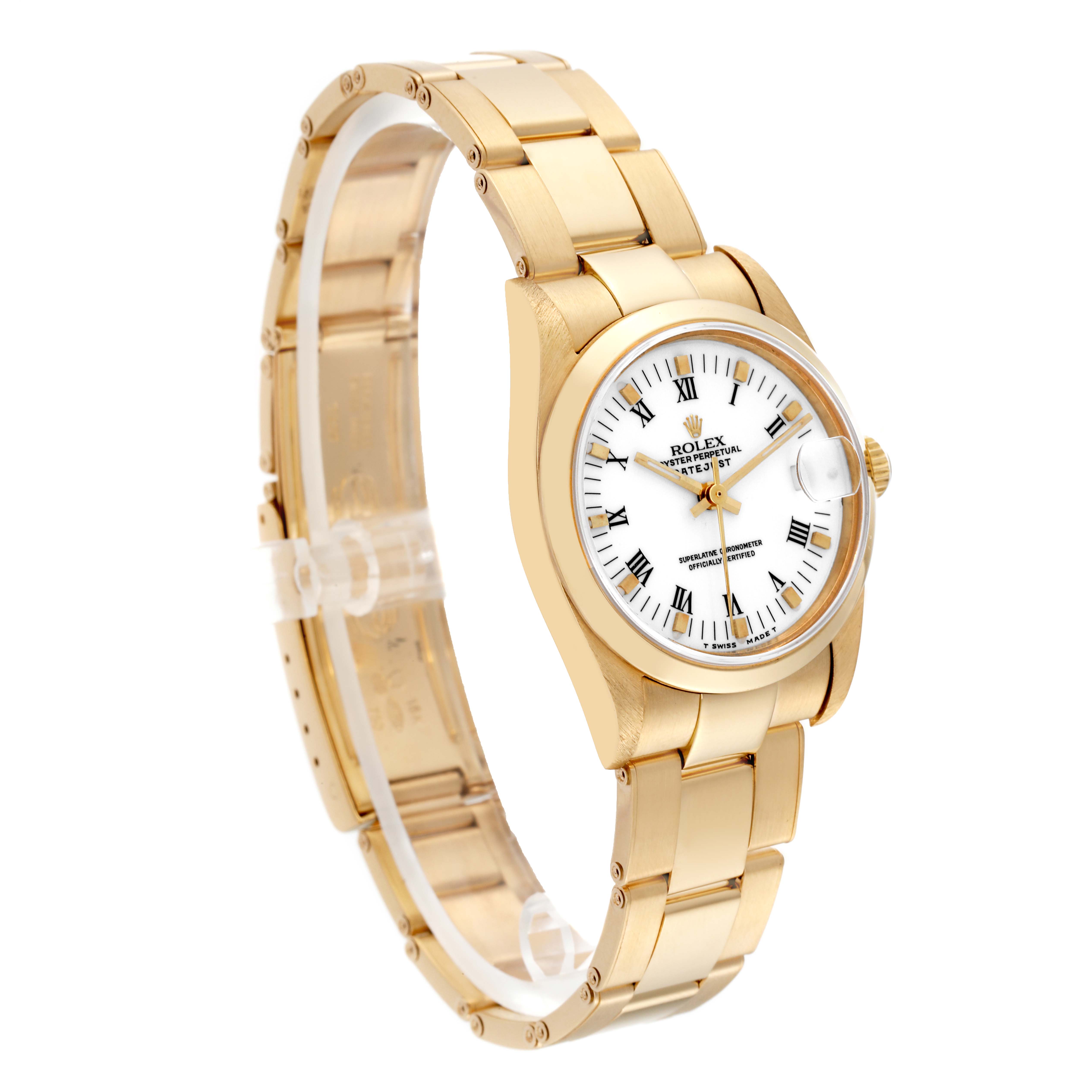 This image shows a Rolex President 68248 Women's Yellow Gold White Dial 68248 Women's Yellow Gold White Dial model watch from a three-quarter angle, highlighting the band, face, and crown.