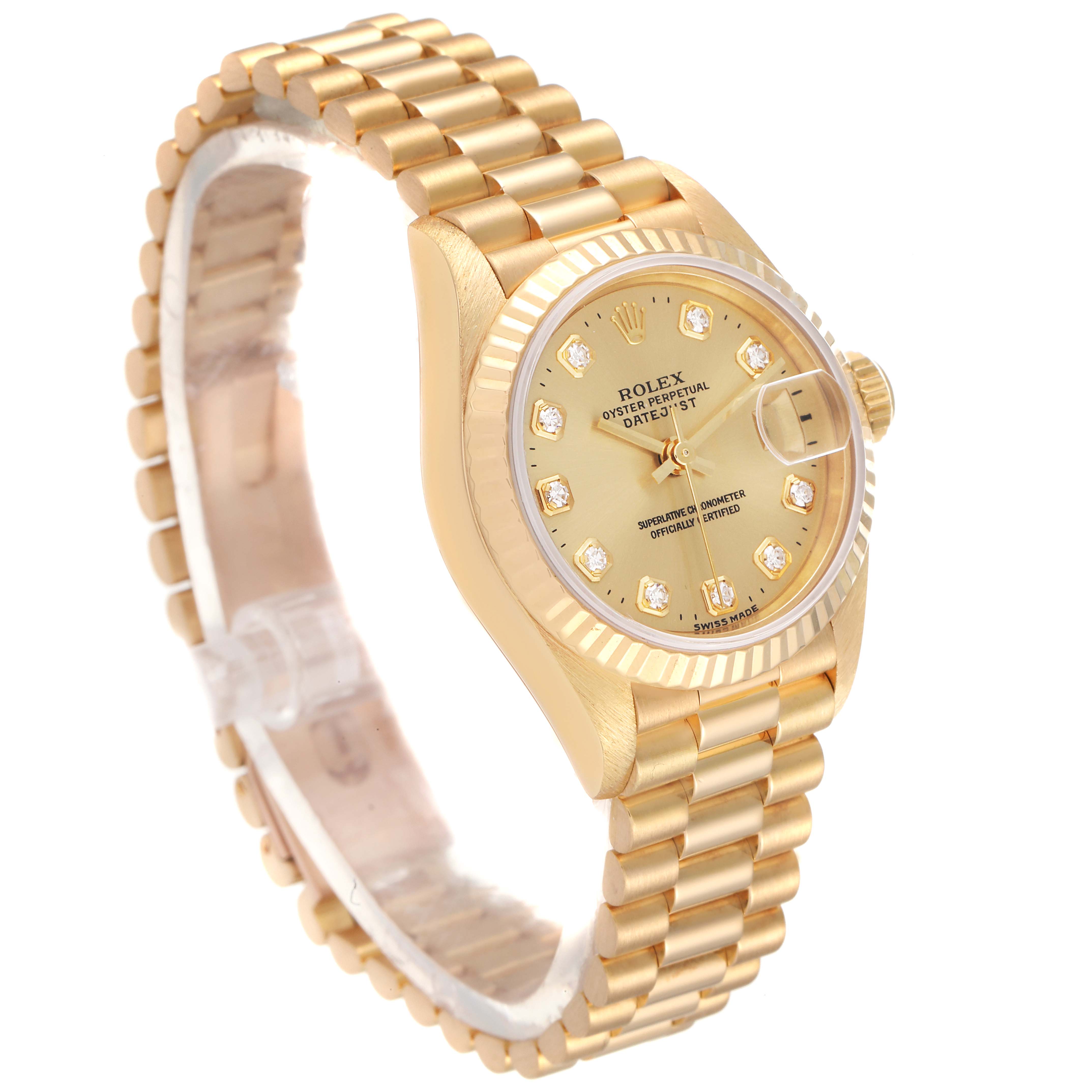The Rolex President 69178 Women
s Yellow Gold Champagne Dial 69178 Women
s Yellow Gold Champagne Dial model watch is shown at an angle, highlighting its gold bracelet, fluted bezel, and diamond hour markers.