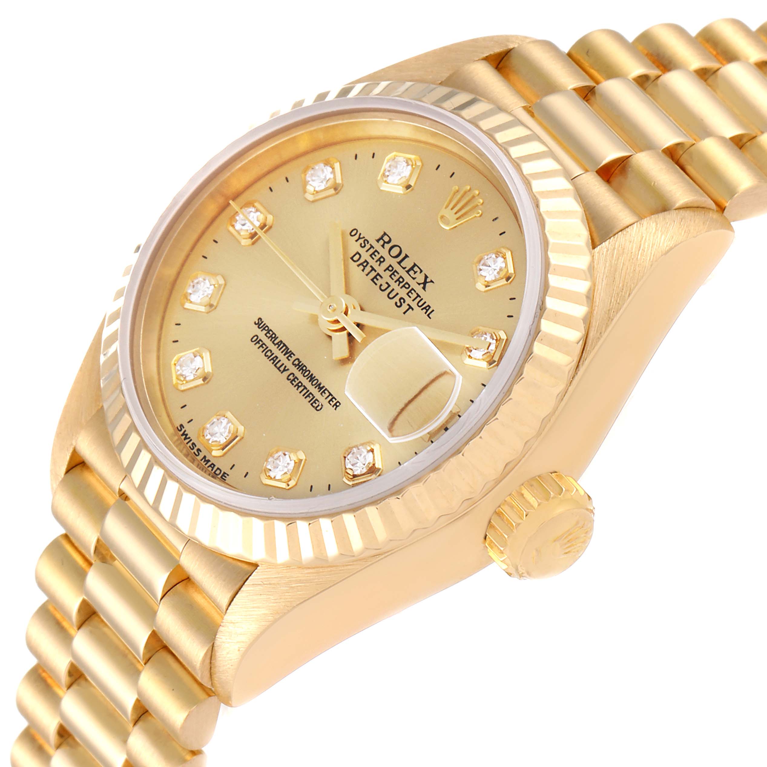 The image shows a close-up angle of a Rolex President 69178 Women
s Yellow Gold Champagne Dial 69178 Women
s Yellow Gold Champagne Dial watch, highlighting the dial, bezel, crown, and part of the bracelet.