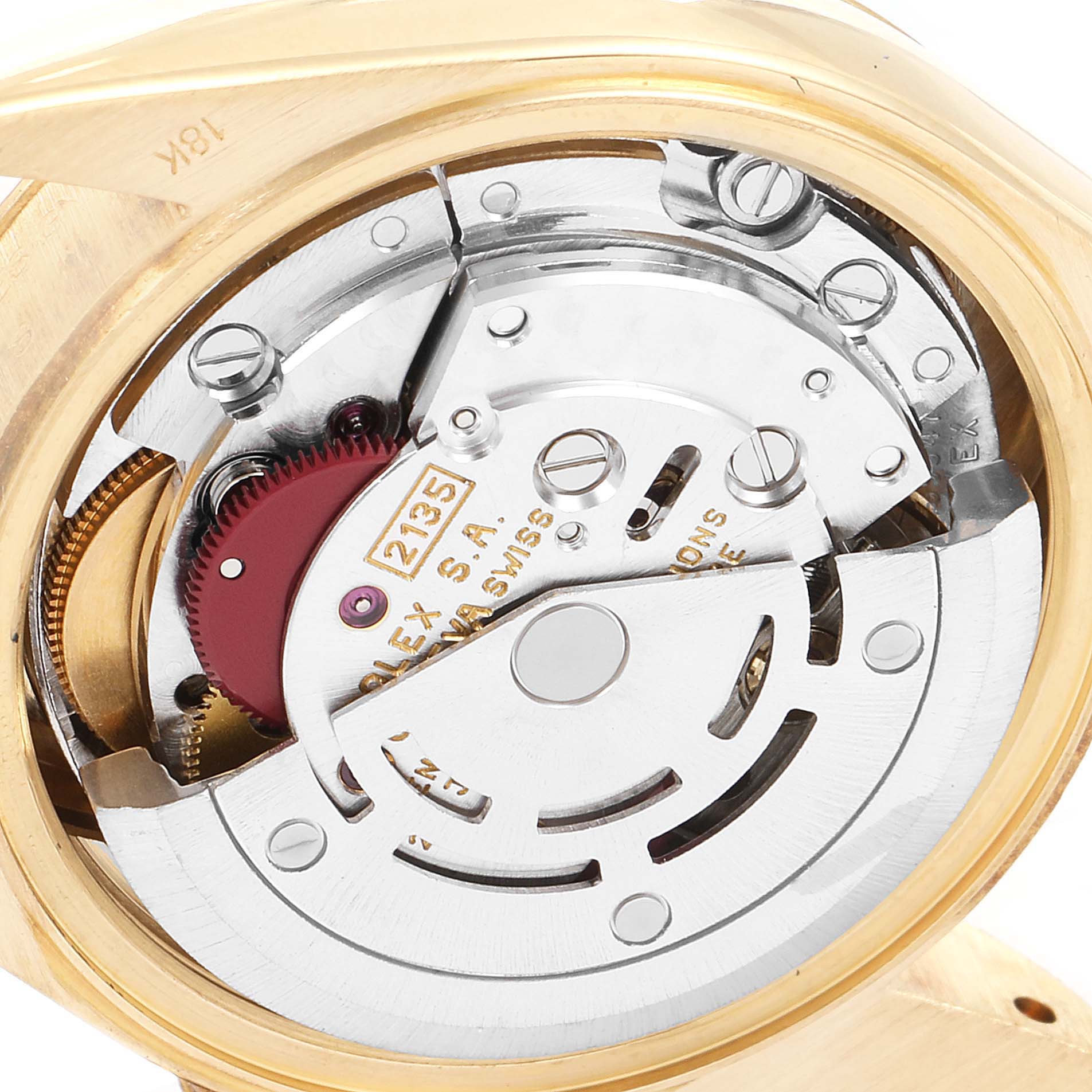 This image shows the inner mechanism and movement of the Rolex President 69178 Women
s Yellow Gold Champagne Dial 69178 Women
s Yellow Gold Champagne Dial model watch from a close-up, angled top-down view.