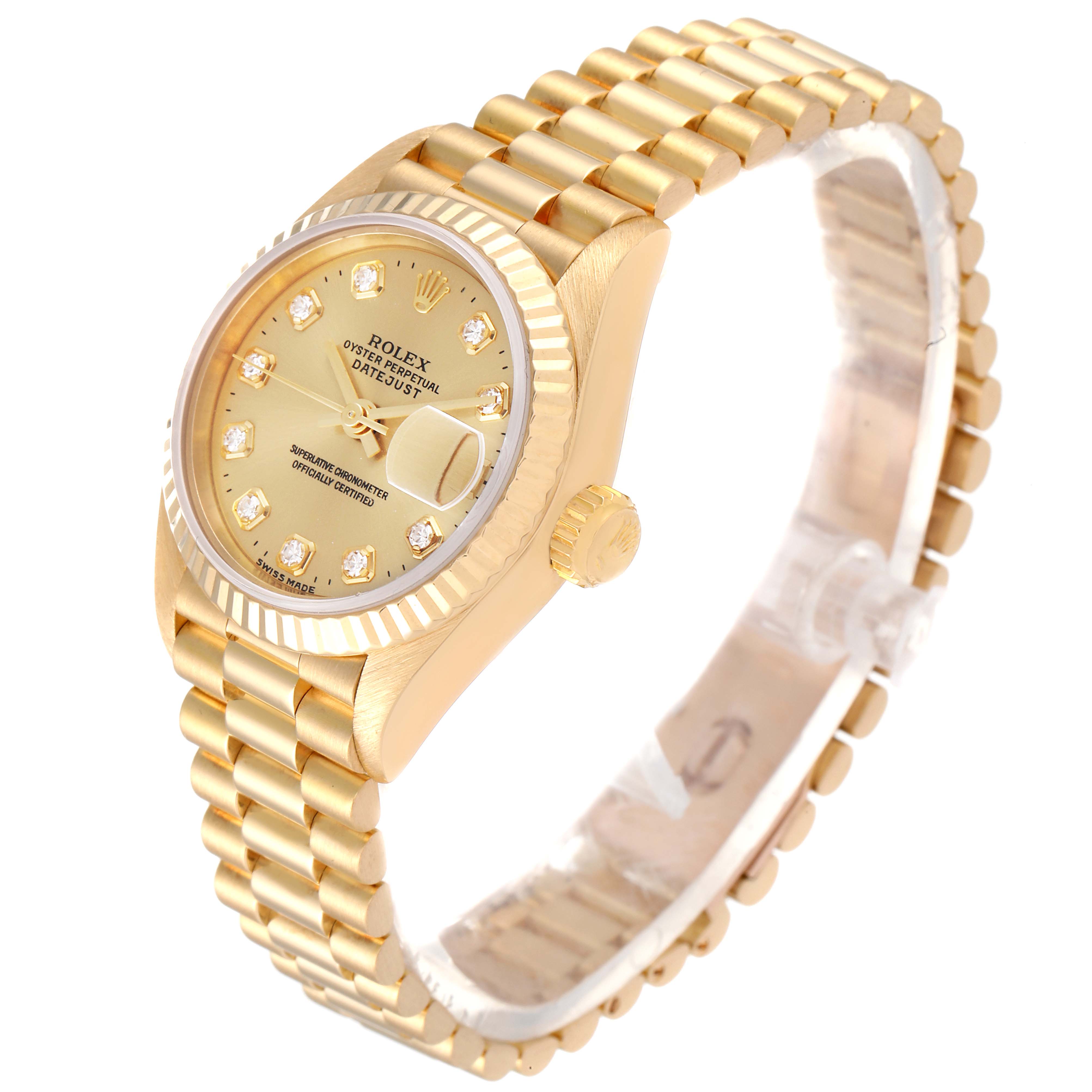 This is a Rolex President 69178 Women
s Yellow Gold Champagne Dial 69178 Women
s Yellow Gold Champagne Dial model watch shown at an angle displaying its bracelet, face, and crown.