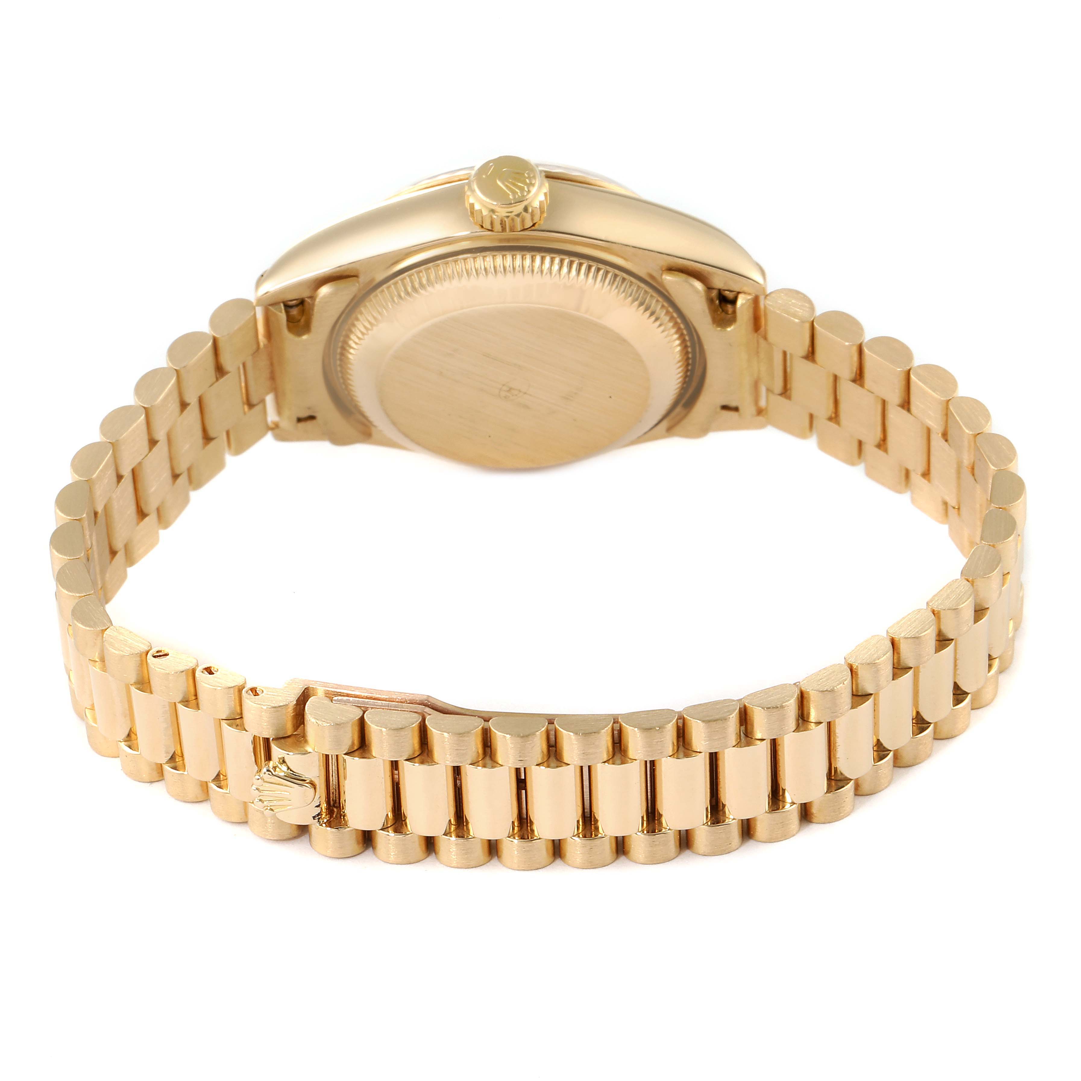The image shows the back view of a Rolex President 69178 Women
s Yellow Gold Champagne Dial 69178 Women
s Yellow Gold Champagne Dial model watch, highlighting its case, crown, and gold bracelet.