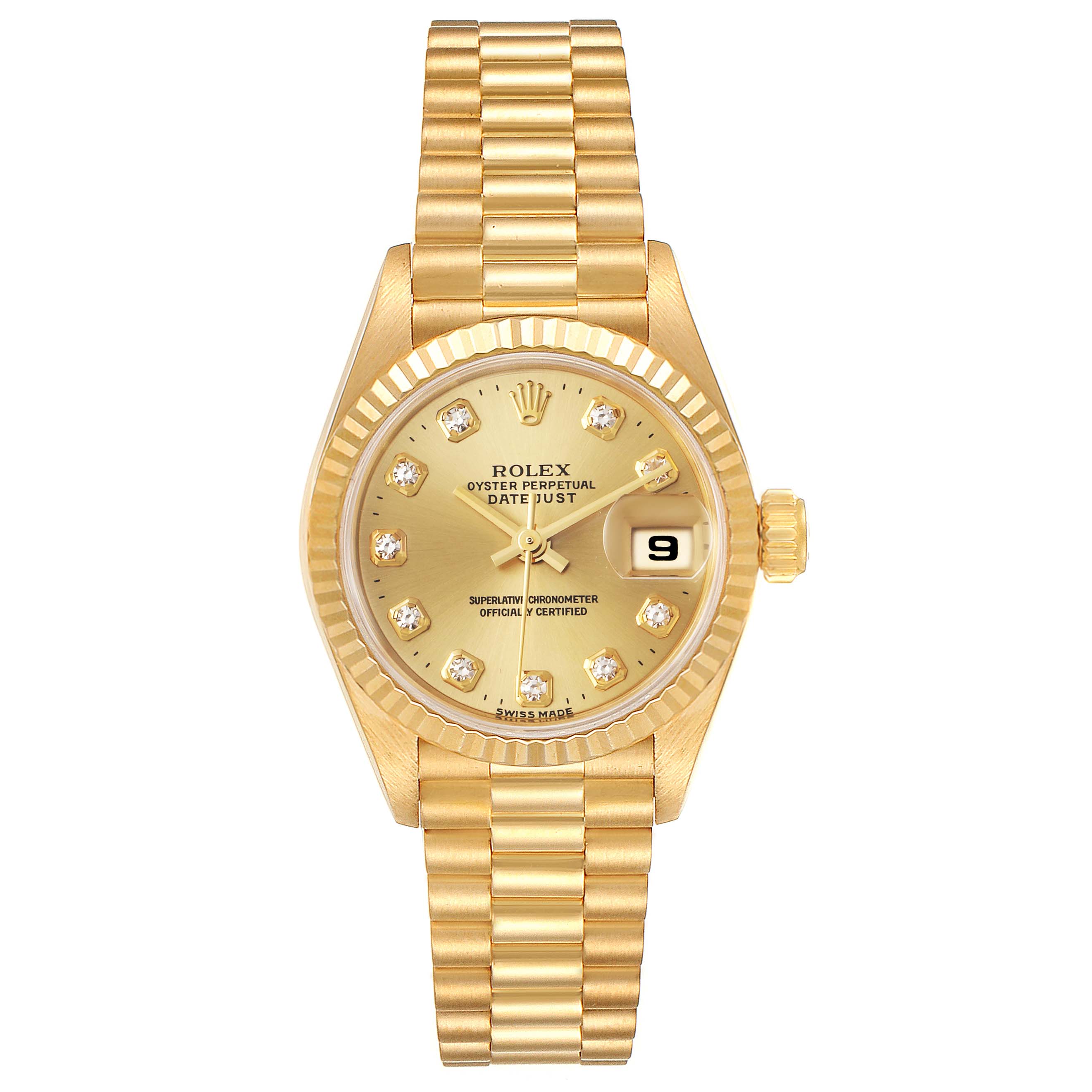 The image shows the front view of a Rolex President 69178 Women
s Yellow Gold Champagne Dial 69178 Women
s Yellow Gold Champagne Dial model, featuring its gold dial, fluted bezel, and diamond hour markers.