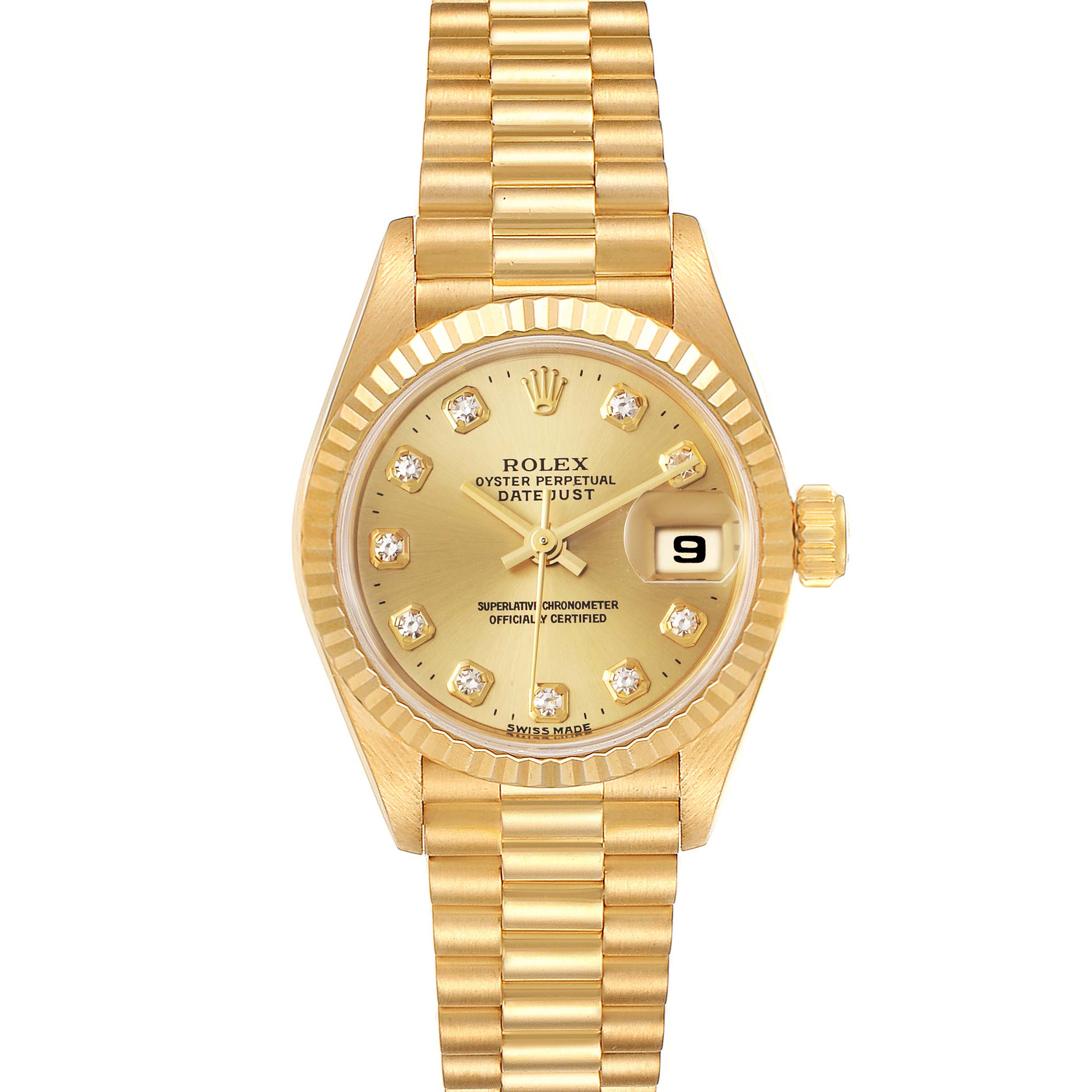 The image shows a Rolex President 69178 Women
s Yellow Gold Champagne Dial 69178 Women
s Yellow Gold Champagne Dial model watch, displaying the face, bezel, crown, and bracelet from a front angle.