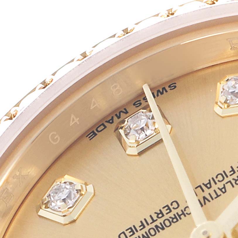 The image shows a partial close-up of the Rolex President 179158 Women's Yellow Gold Champagne Dial 179158 Women's Yellow Gold Champagne Dial watch face, highlighting diamond hour markers and "Swiss Made" text.