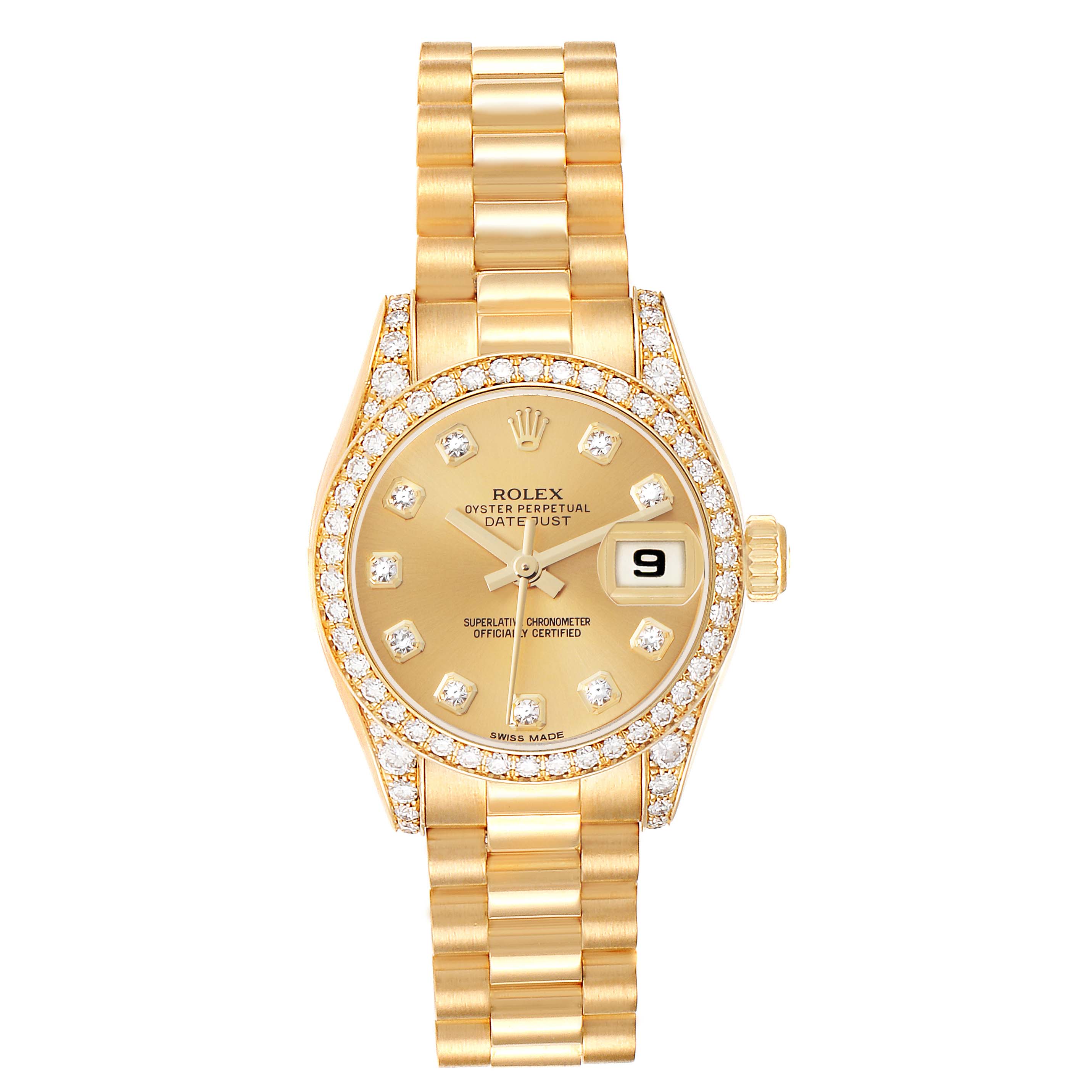 The Rolex President 179158 Women's Yellow Gold Champagne Dial 179158 Women's Yellow Gold Champagne Dial model is shown from the front, highlighting its gold bracelet, diamond bezel, and dial with a date window.