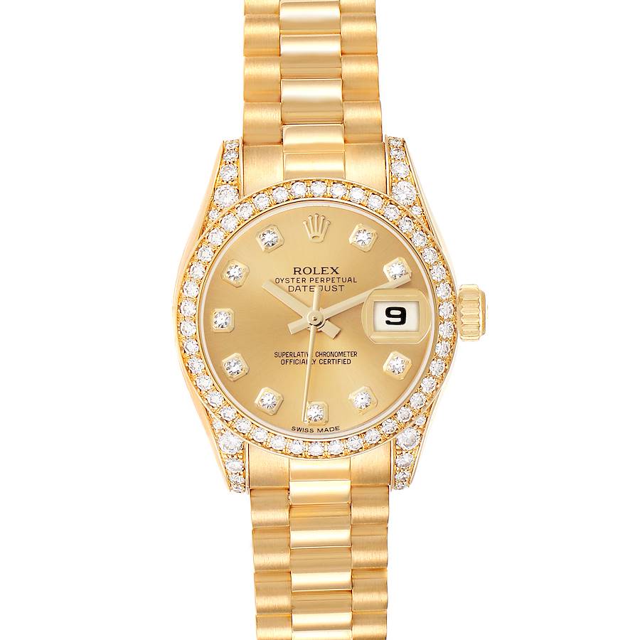 The Rolex President watch is shown from a top-down angle, highlighting its dial, bezel, crown, and bracelet.