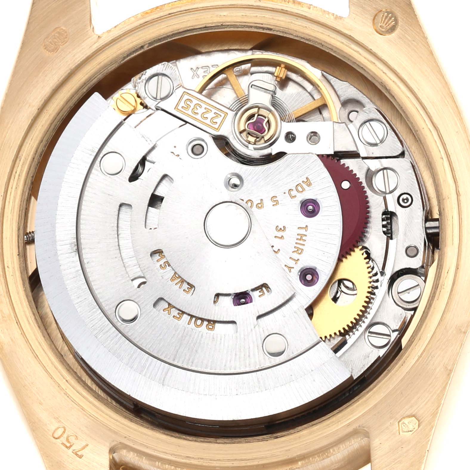 The image shows the movement of a Rolex President 179158 Women's Yellow Gold Champagne Dial 179158 Women's Yellow Gold Champagne Dial watch, viewed from the back with gears and mechanisms visible.