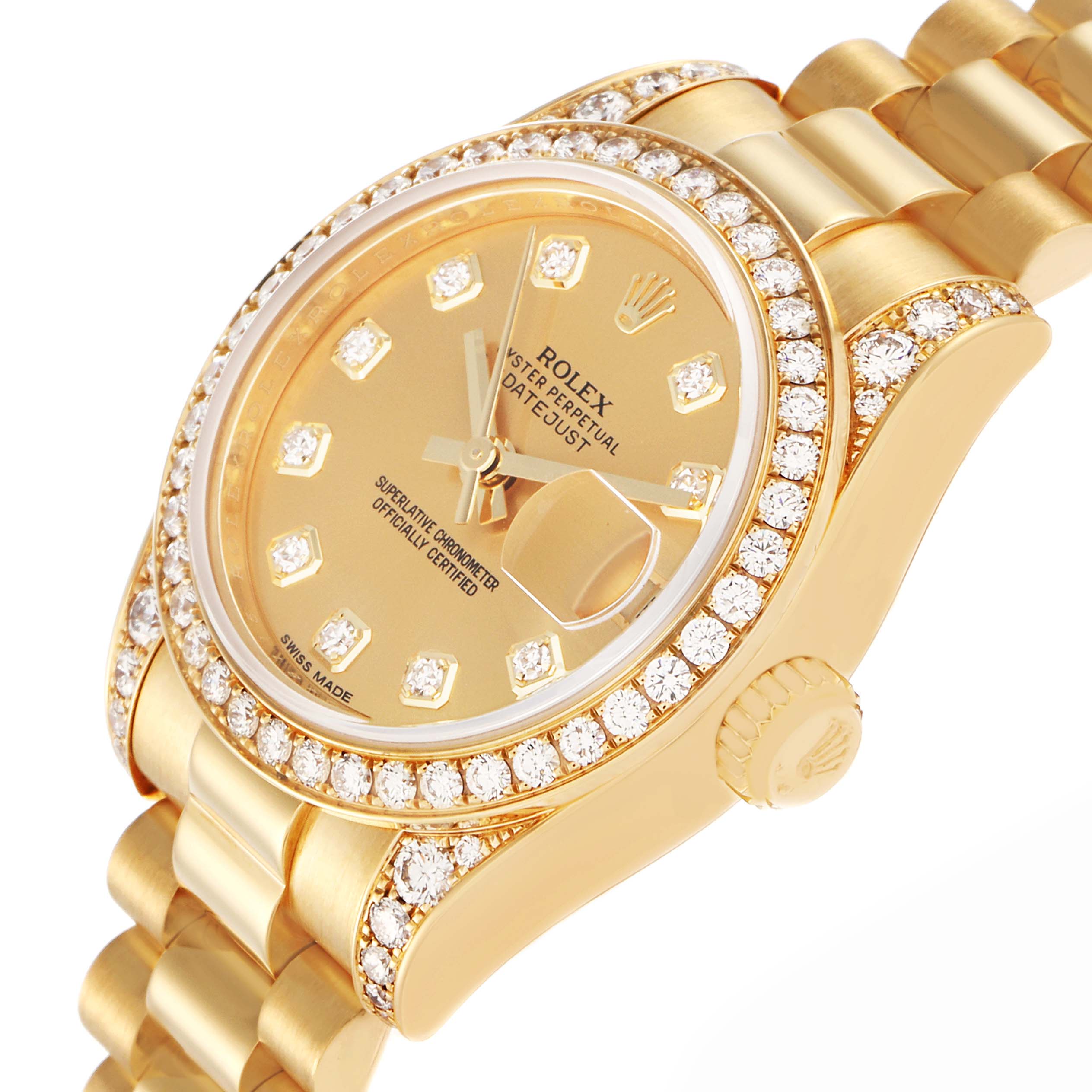 The Rolex President 179158 Women's Yellow Gold Champagne Dial 179158 Women's Yellow Gold Champagne Dial model watch is shown at a slight side angle, highlighting the dial, bezel, and part of the bracelet.