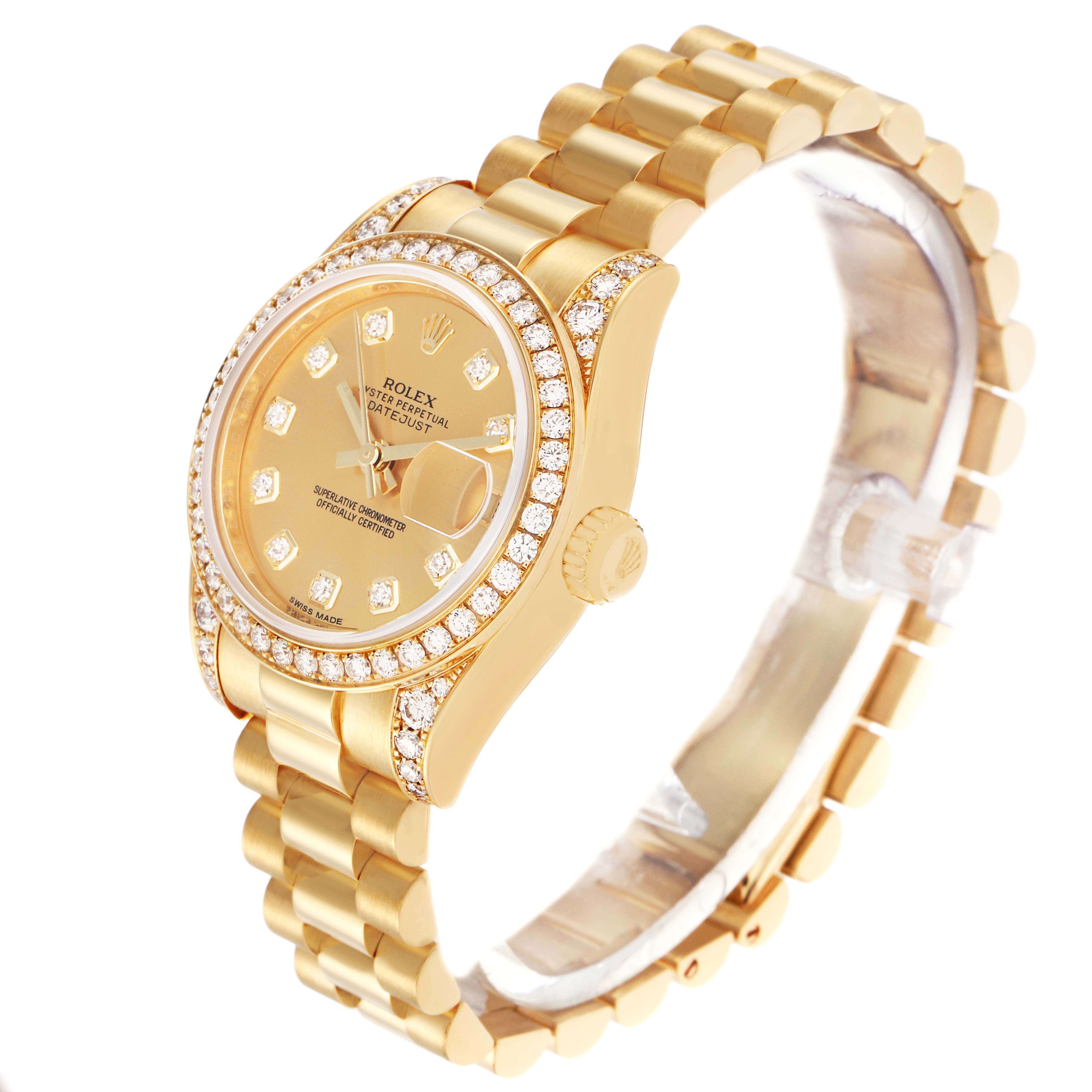 The Rolex President 179158 Women's Yellow Gold Champagne Dial 179158 Women's Yellow Gold Champagne Dial model is shown at an angled view, displaying the watch face, bezel, crown, and bracelet.