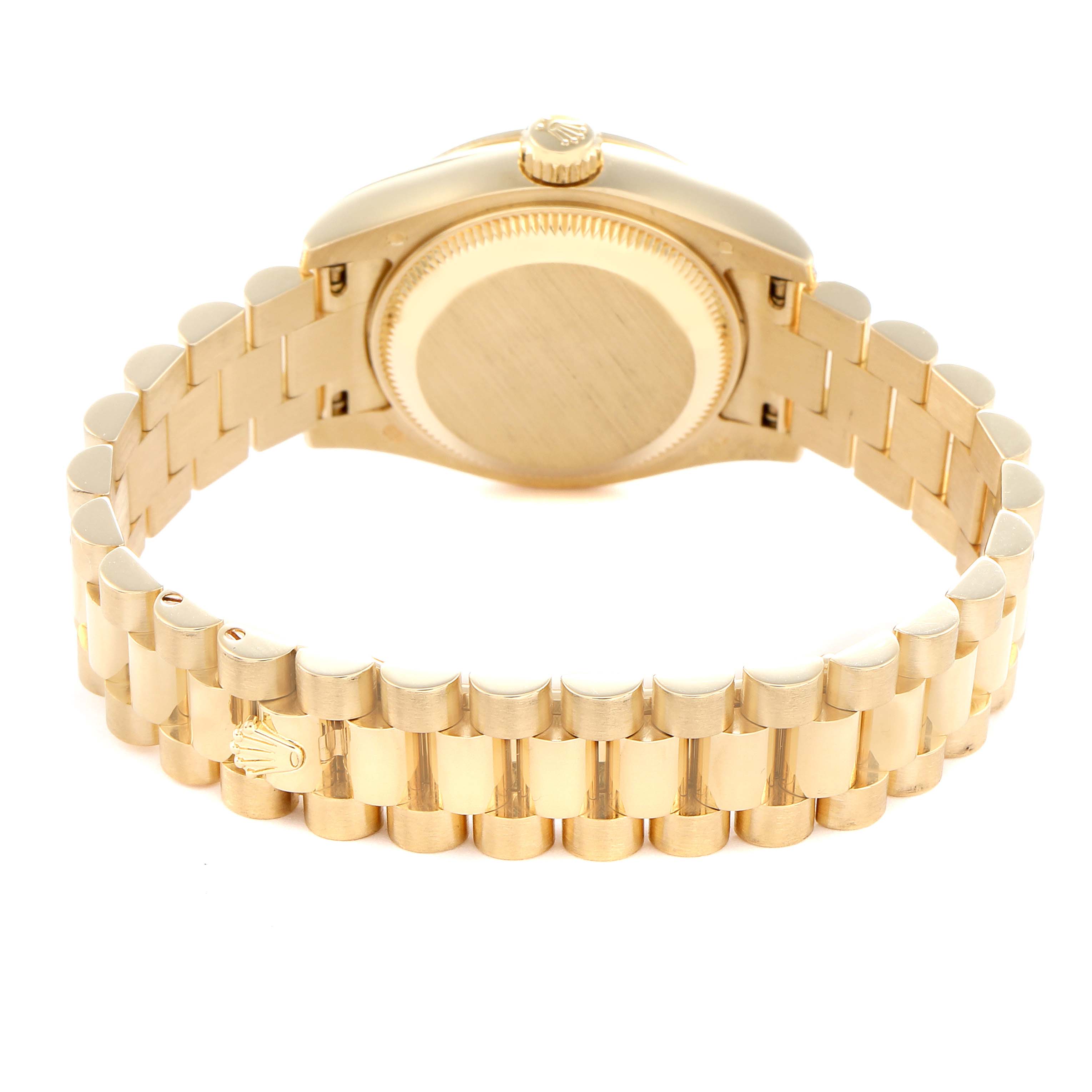 The image shows the back and bracelet of the Rolex President 179158 Women's Yellow Gold Champagne Dial 179158 Women's Yellow Gold Champagne Dial watch from a rear angle.
